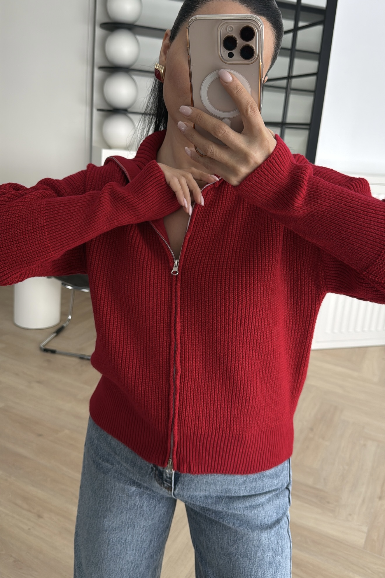 FERMUARLI GENİŞ YAKALI TRİKO HIRKA KIRMIZI