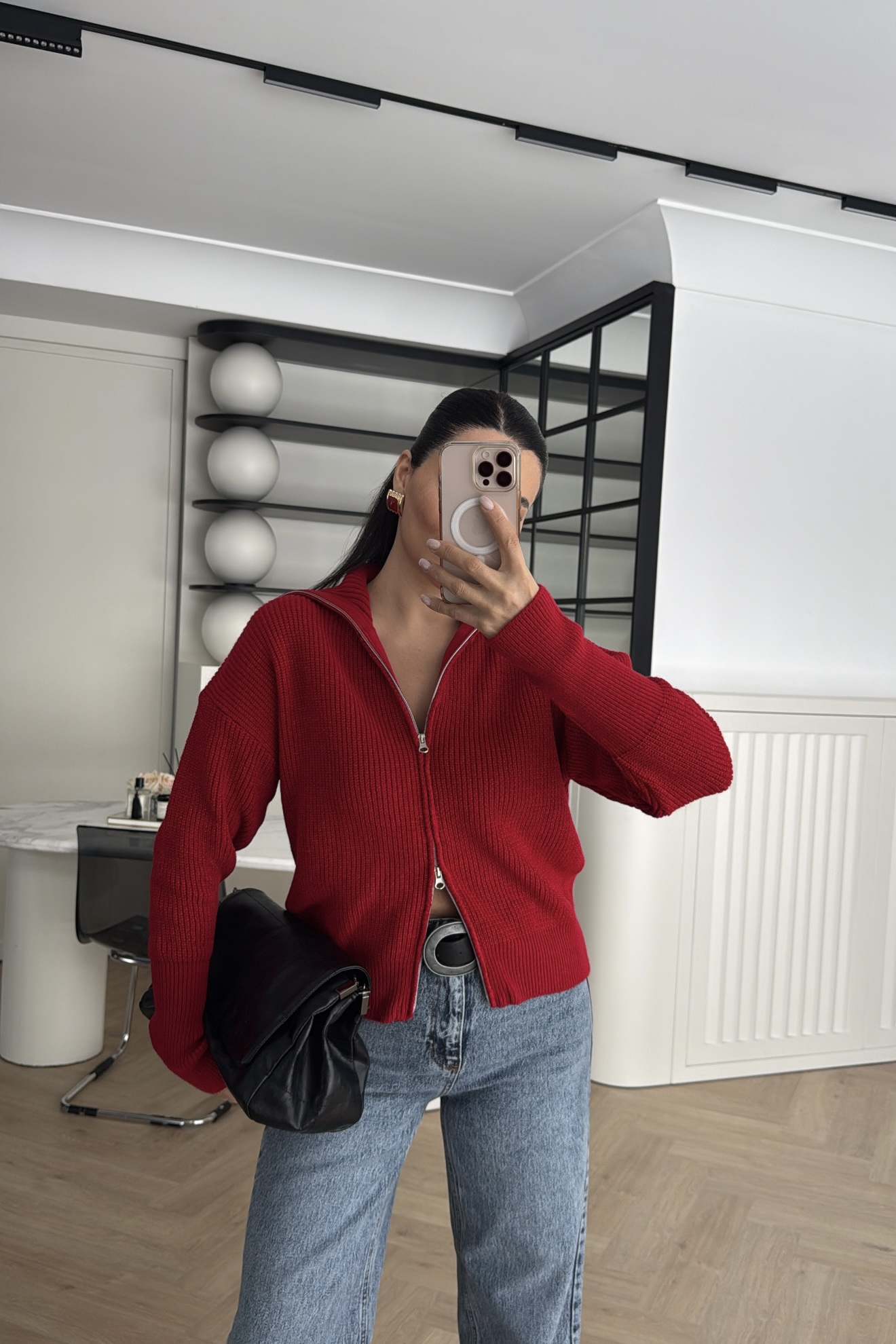 FERMUARLI GENİŞ YAKALI TRİKO HIRKA KIRMIZI