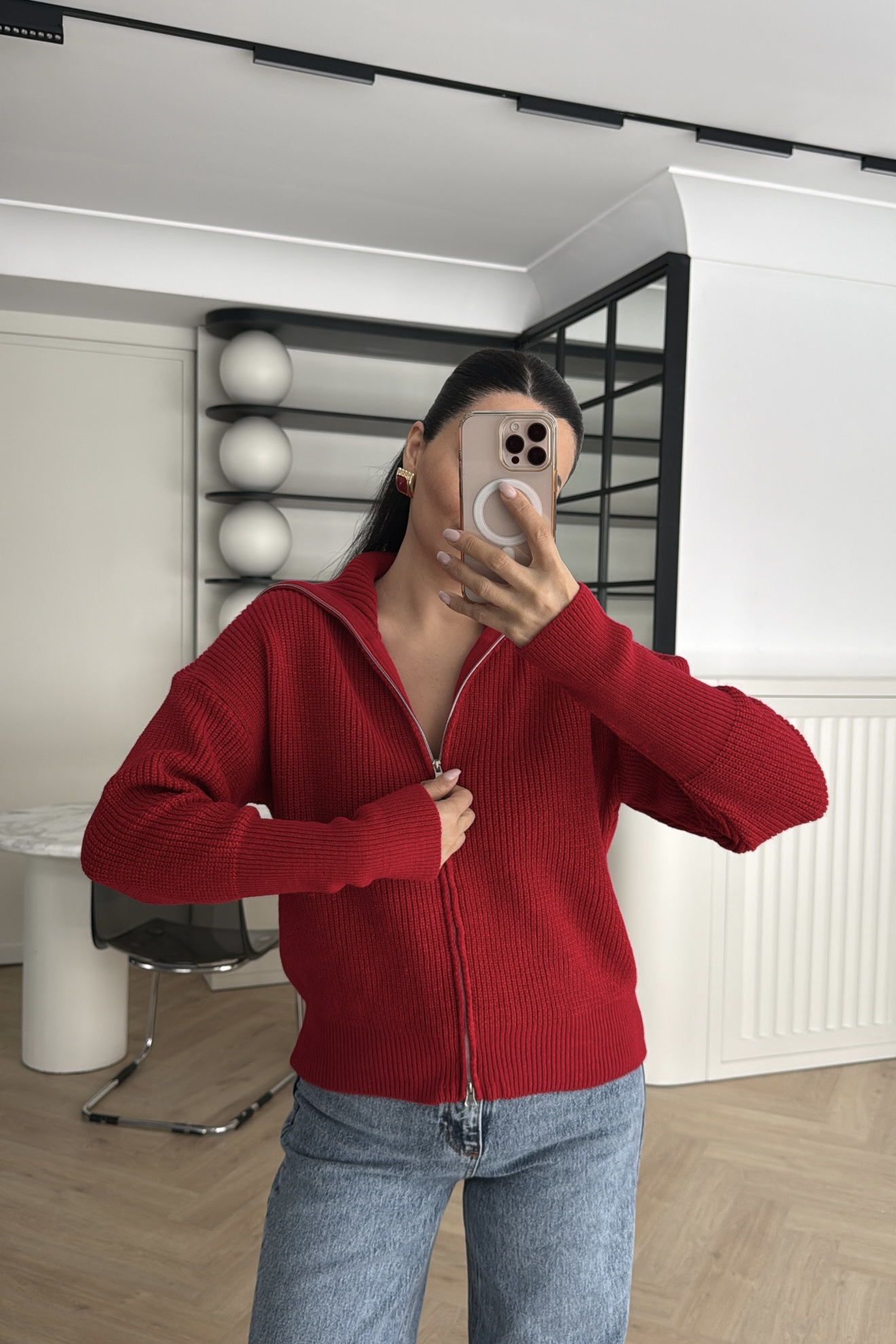 FERMUARLI GENİŞ YAKALI TRİKO HIRKA KIRMIZI