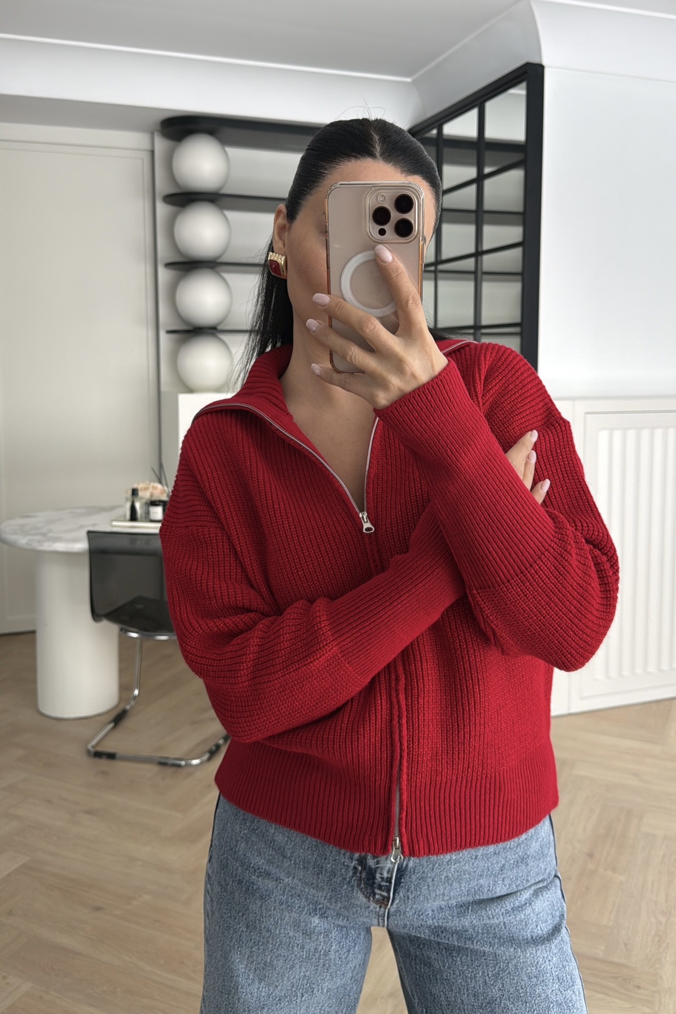 FERMUARLI GENİŞ YAKALI TRİKO HIRKA KIRMIZI