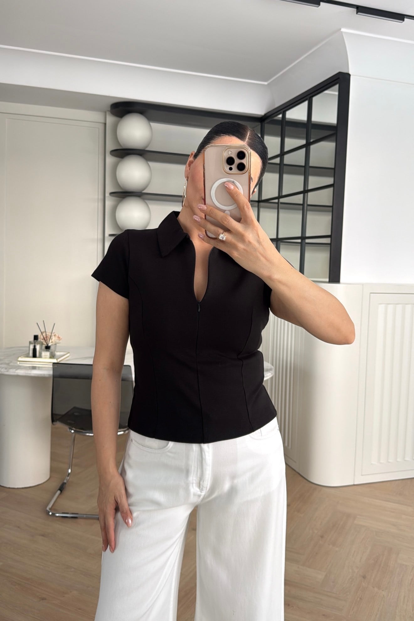 FERMUARLI POLO YAKA BASİC TİŞÖRT SİYAH