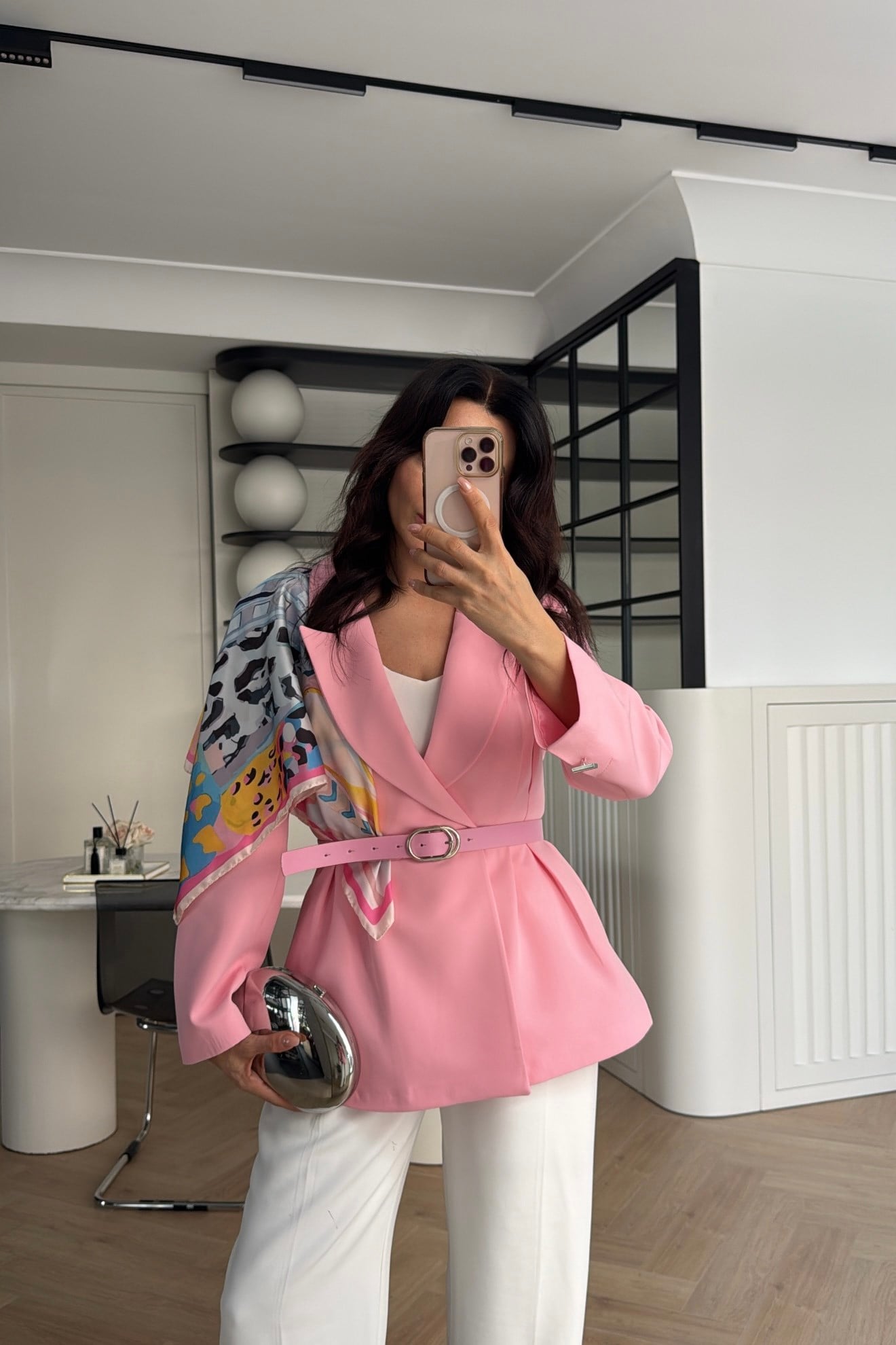 FULAR DETAYLI KEMERLİ BLAZER CEKET PEMBE