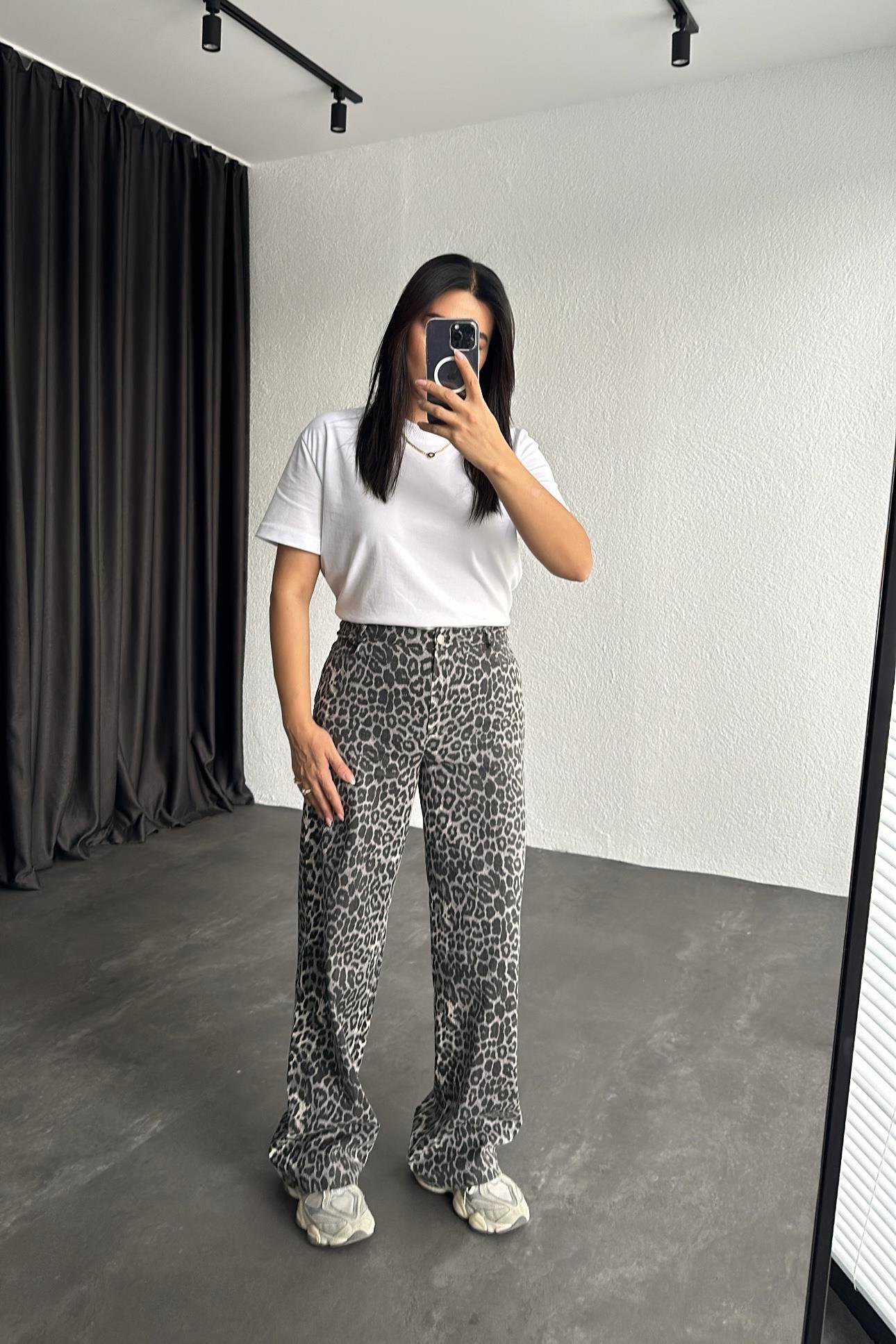 Gabardin Kumaş Leopar Pantolon 