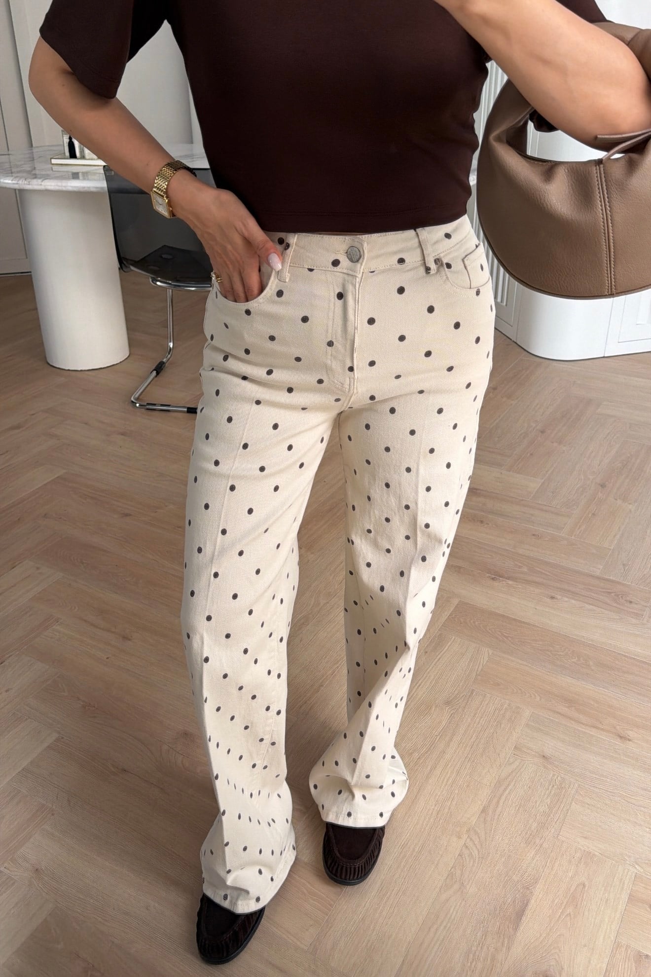 GENİŞ PAÇA WİDE LEG PUANTİYELİ PANTOLON BEJ