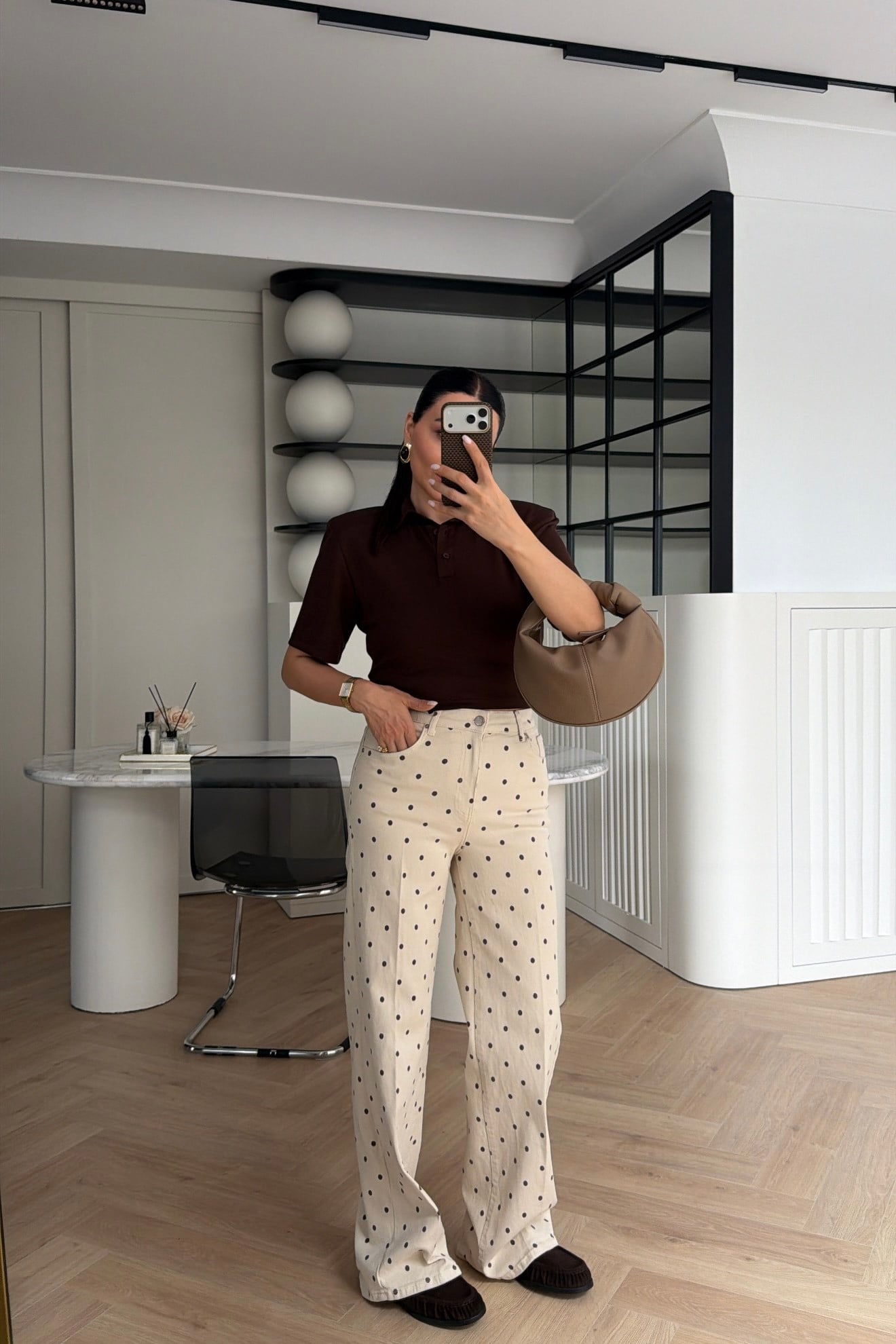 GENİŞ PAÇA WİDE LEG PUANTİYELİ PANTOLON BEJ