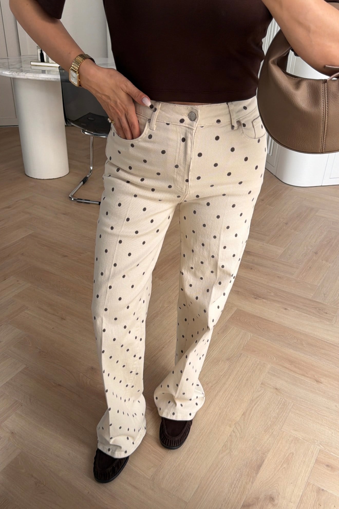 GENİŞ PAÇA WİDE LEG PUANTİYELİ PANTOLON BEJ