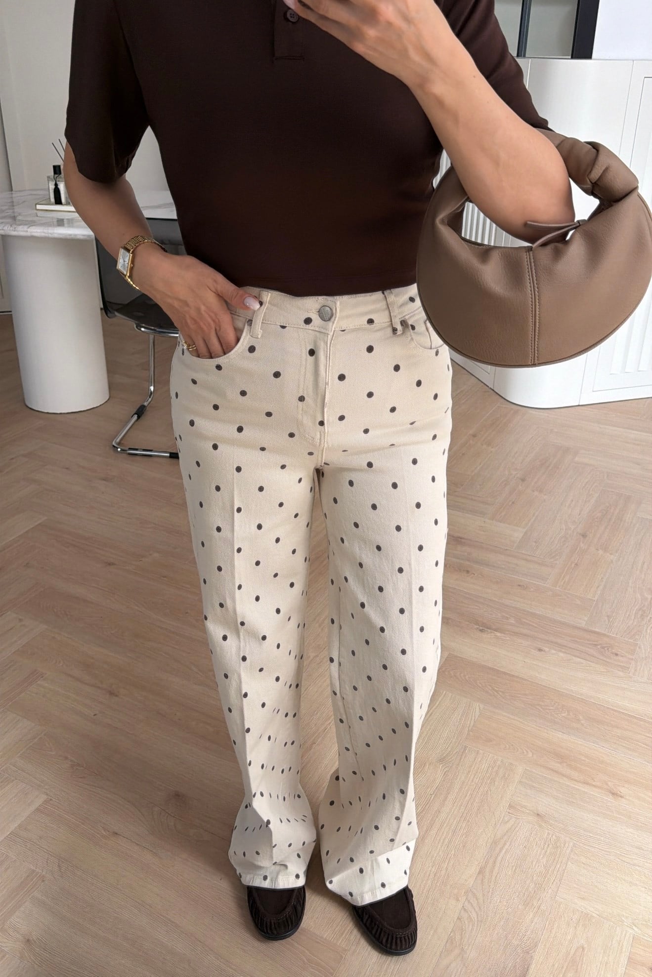 GENİŞ PAÇA WİDE LEG PUANTİYELİ PANTOLON BEJ