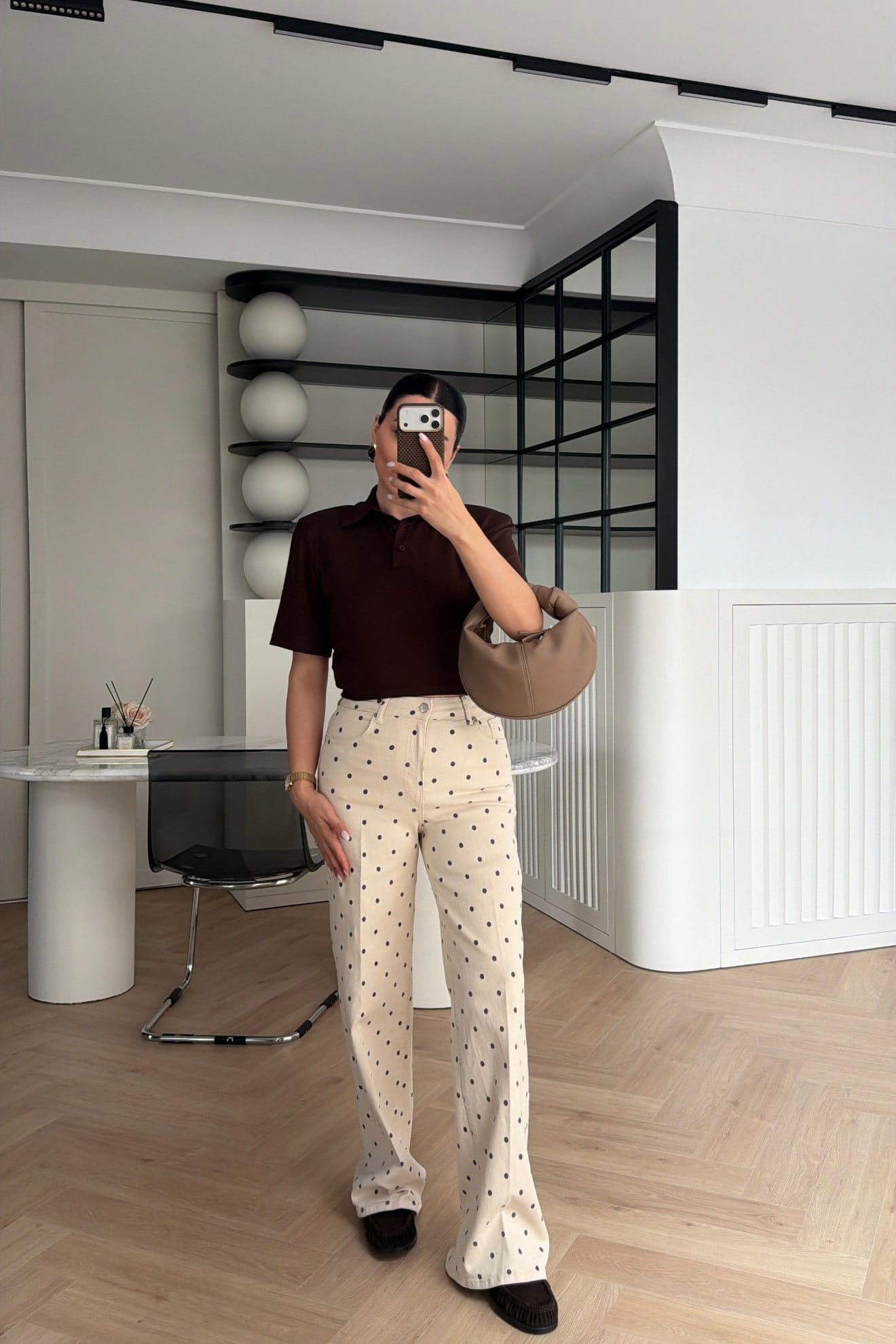 GENİŞ PAÇA WİDE LEG PUANTİYELİ PANTOLON BEJ