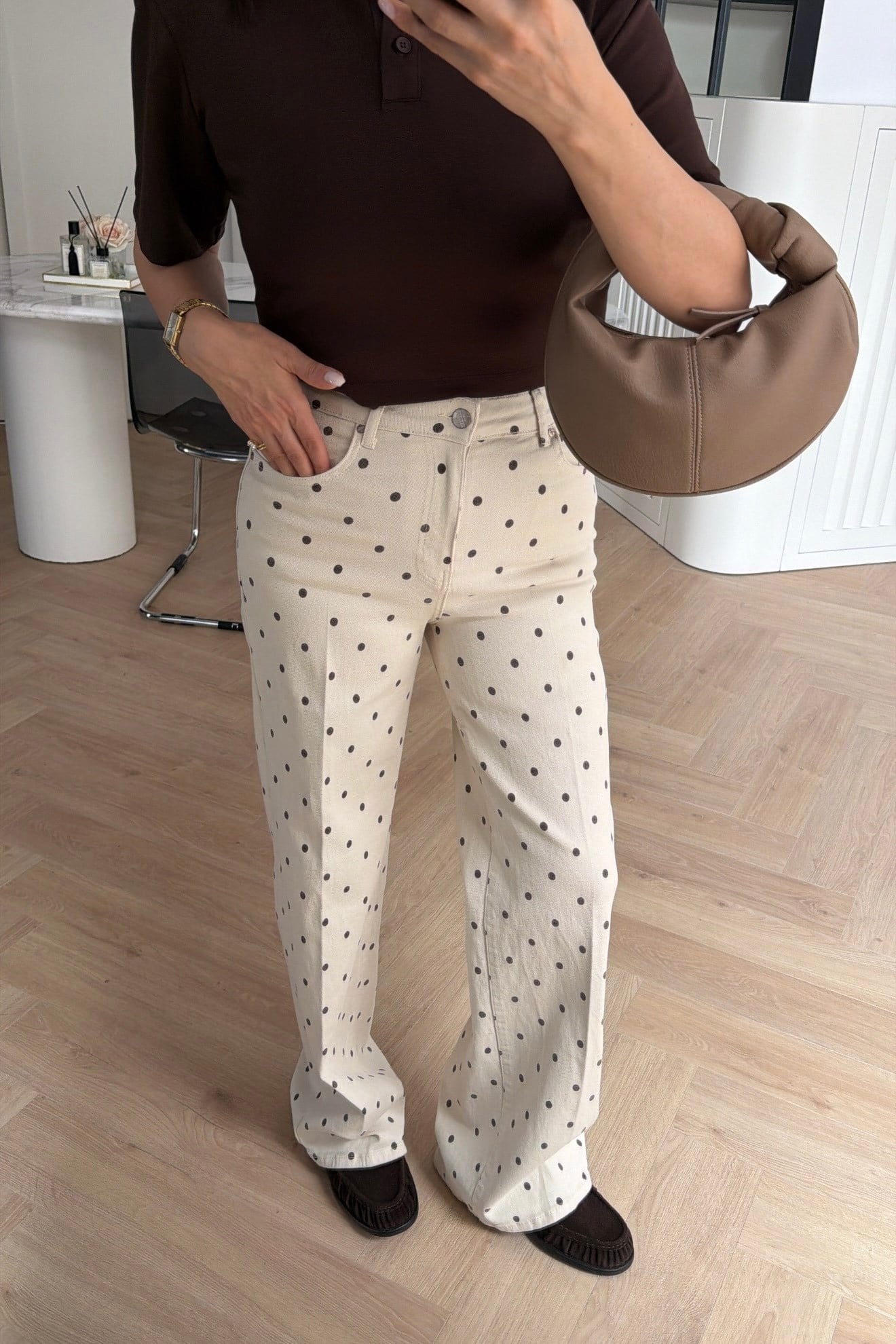 GENİŞ PAÇA WİDE LEG PUANTİYELİ PANTOLON BEJ
