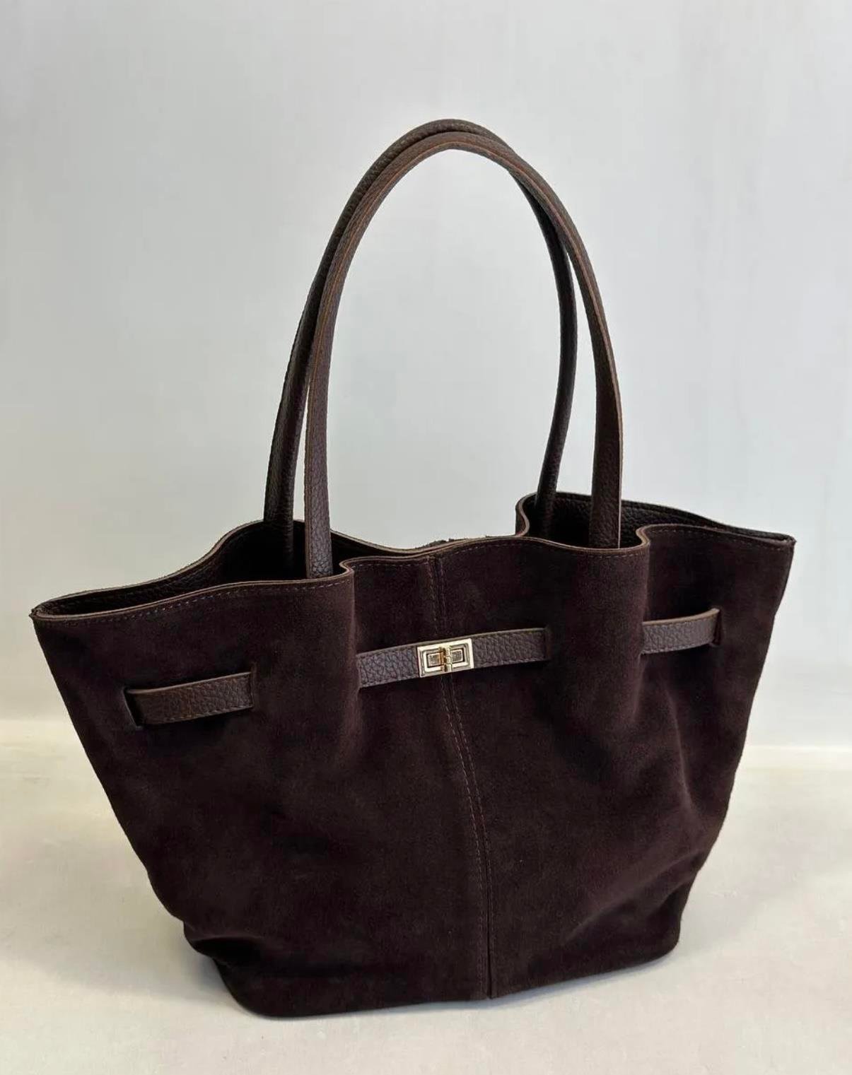 Gerçek Süet Deri Uzun Askili Miknatis Kapamali El ve Omuz Çantasi Kahve