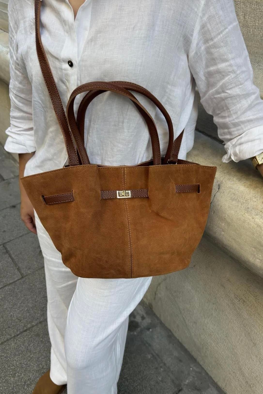 Gerçek Süet Deri Uzun Askili Miknatis Kapamali El ve Omuz Çantasi Taba 