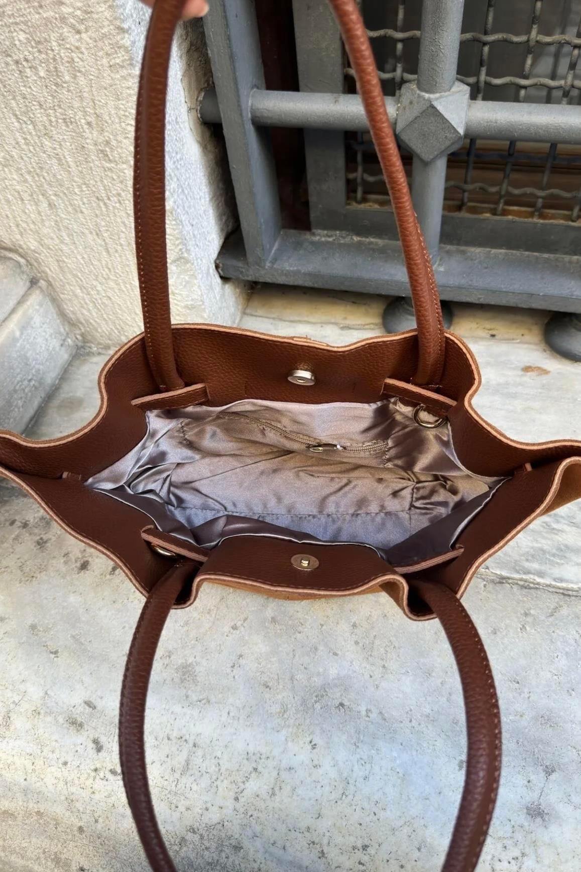 Gerçek Süet Deri Uzun Askili Miknatis Kapamali El ve Omuz Çantasi Taba 