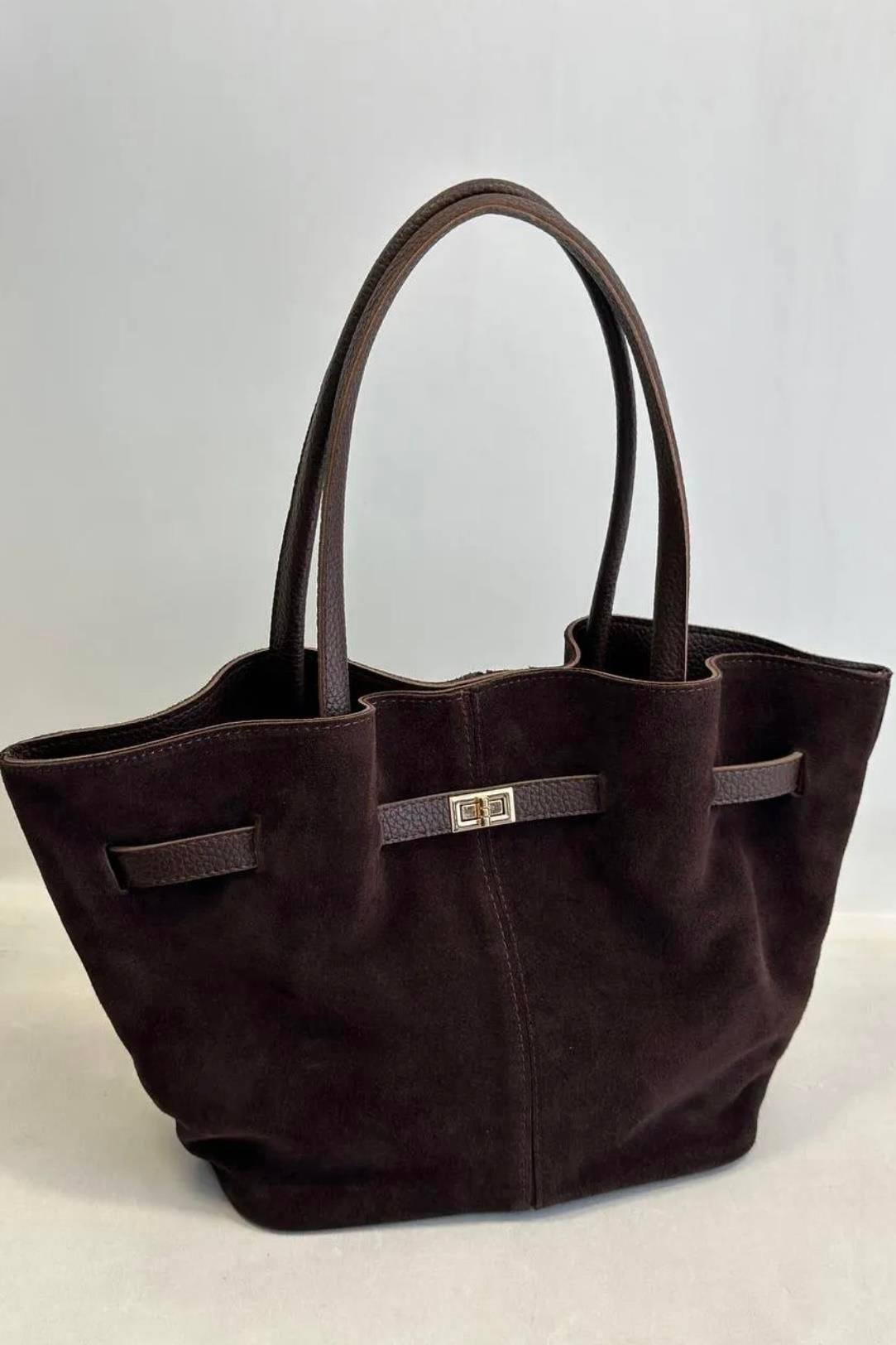 Gerçek Süet Deri Uzun Askili Miknatis Kapamali El ve Omuz Çantasi Kahve