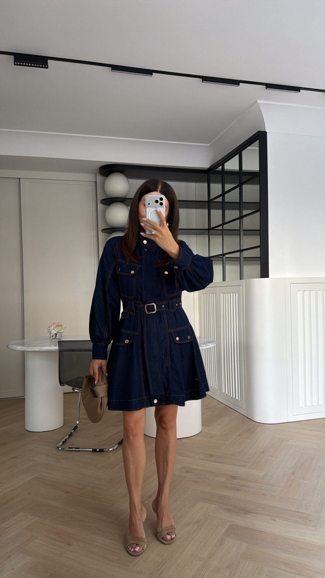 Gold Detaylı Denim Elbise Lacivert
