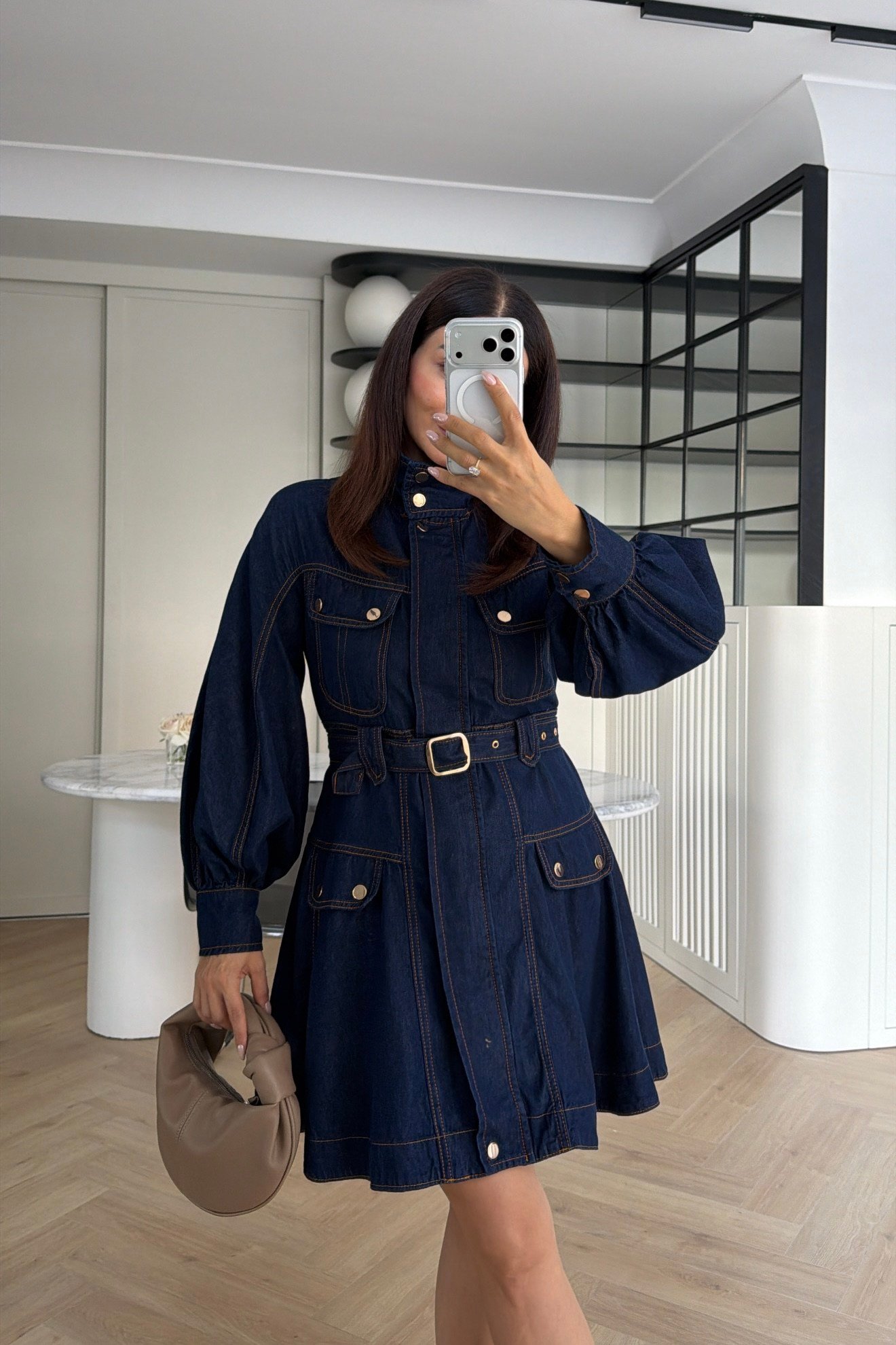 Gold Detaylı Denim Elbise Lacivert
