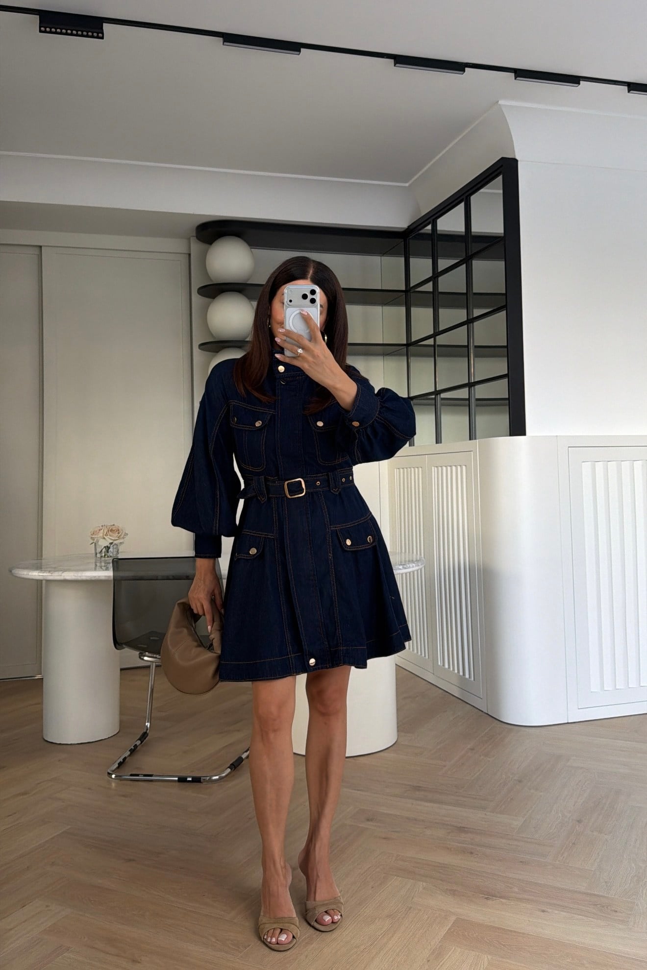Gold Detaylı Denim Elbise Lacivert