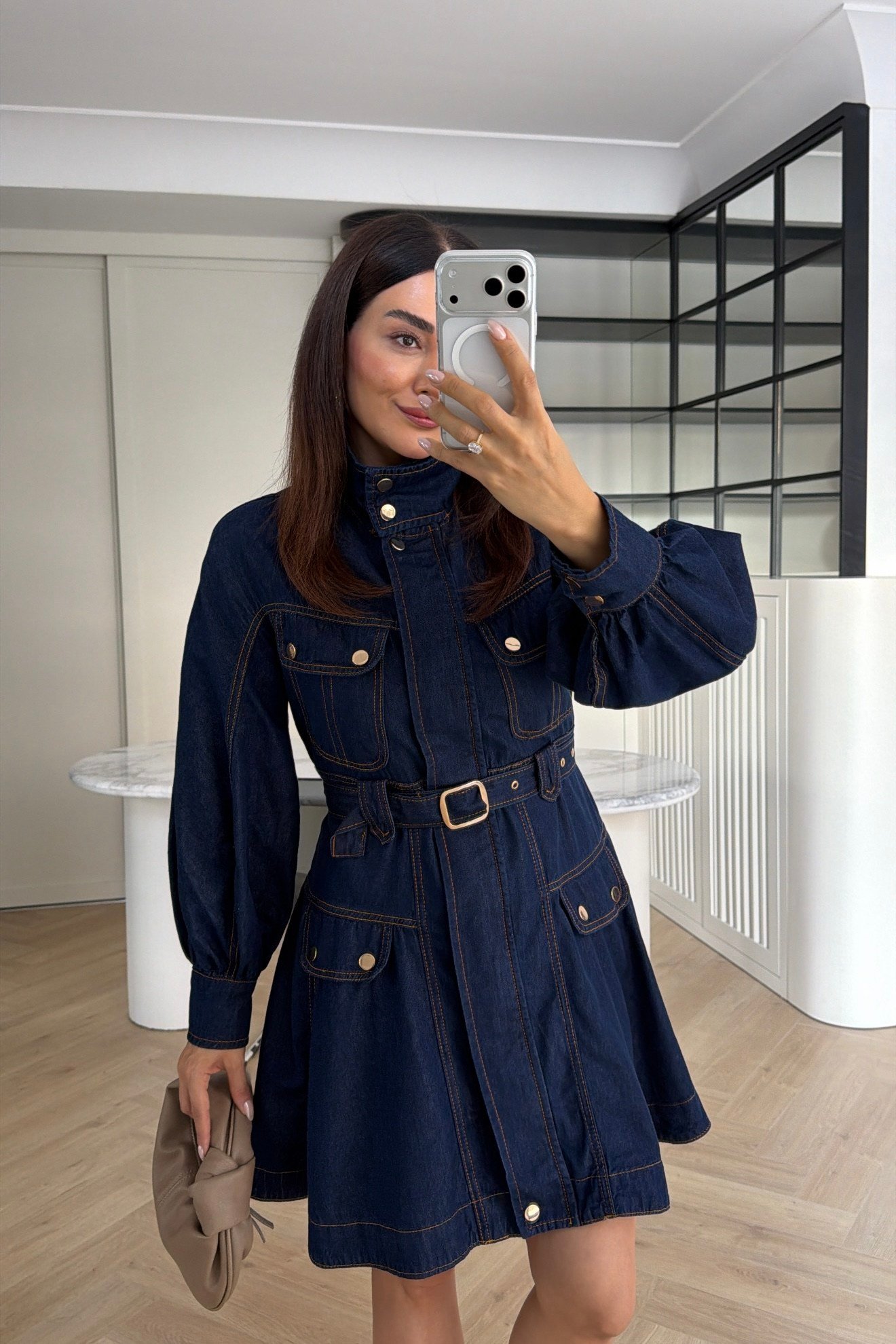 Gold Detaylı Denim Elbise Lacivert