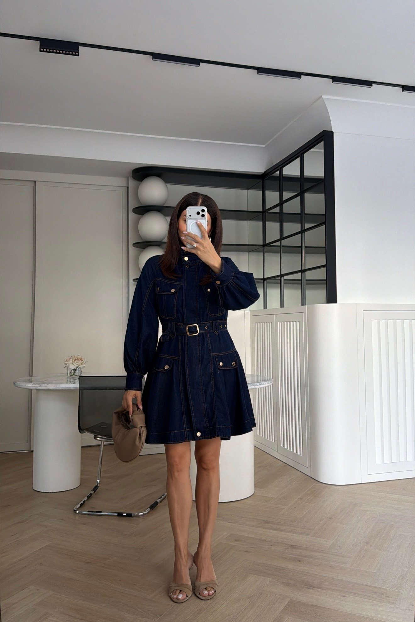 Gold Detaylı Denim Elbise Lacivert