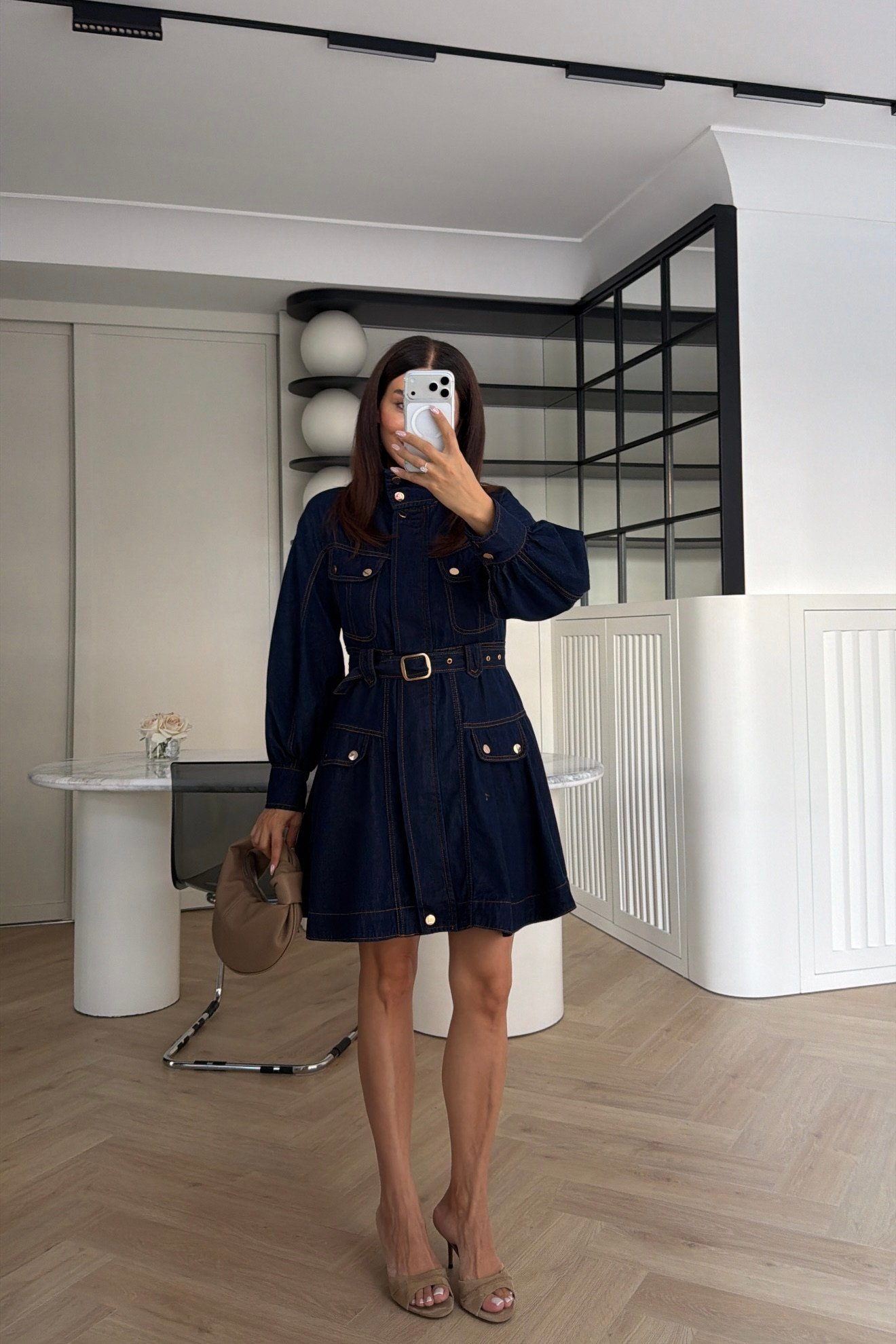 Gold Detaylı Denim Elbise Lacivert