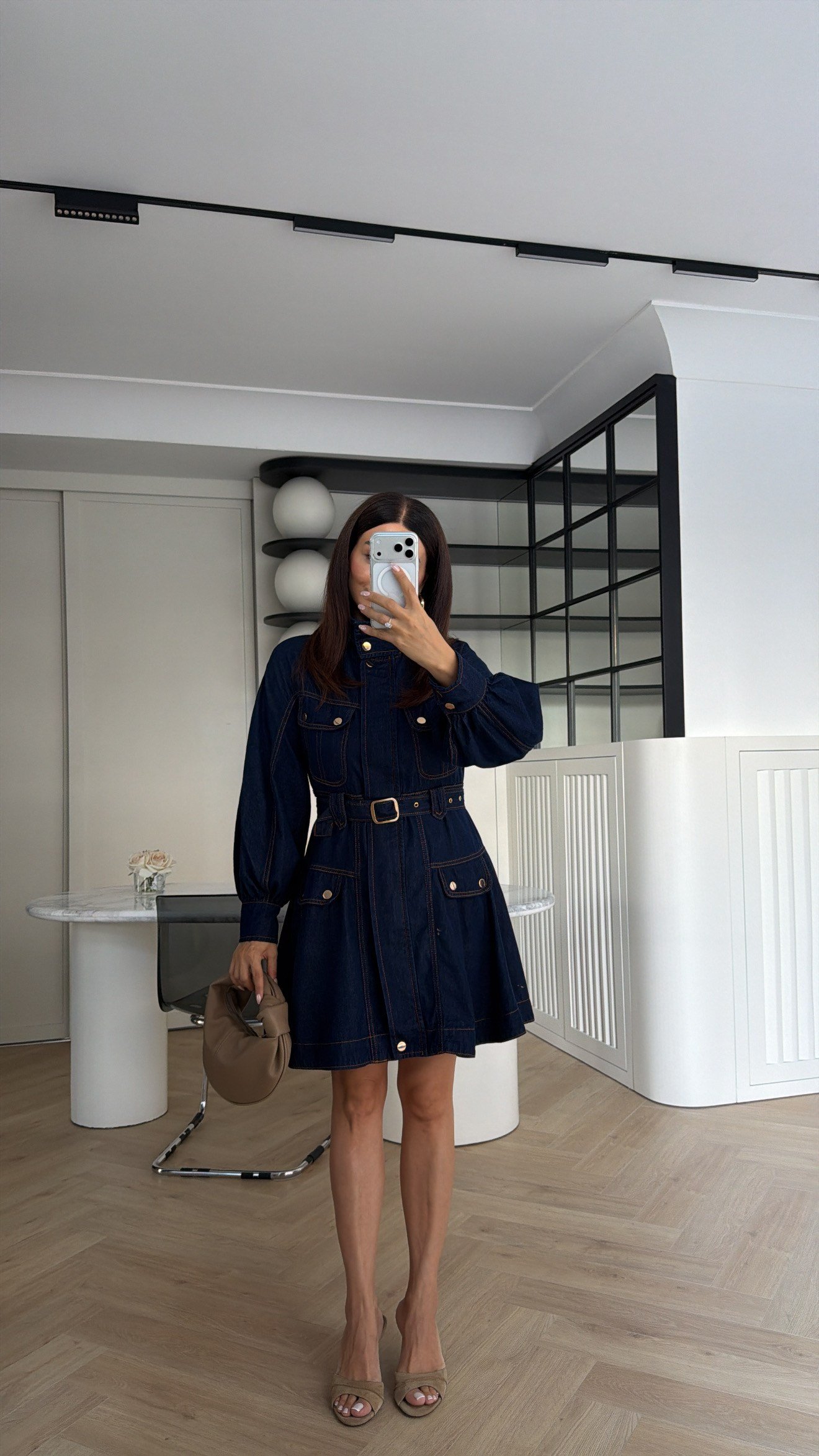 Gold Detaylı Denim Elbise Lacivert