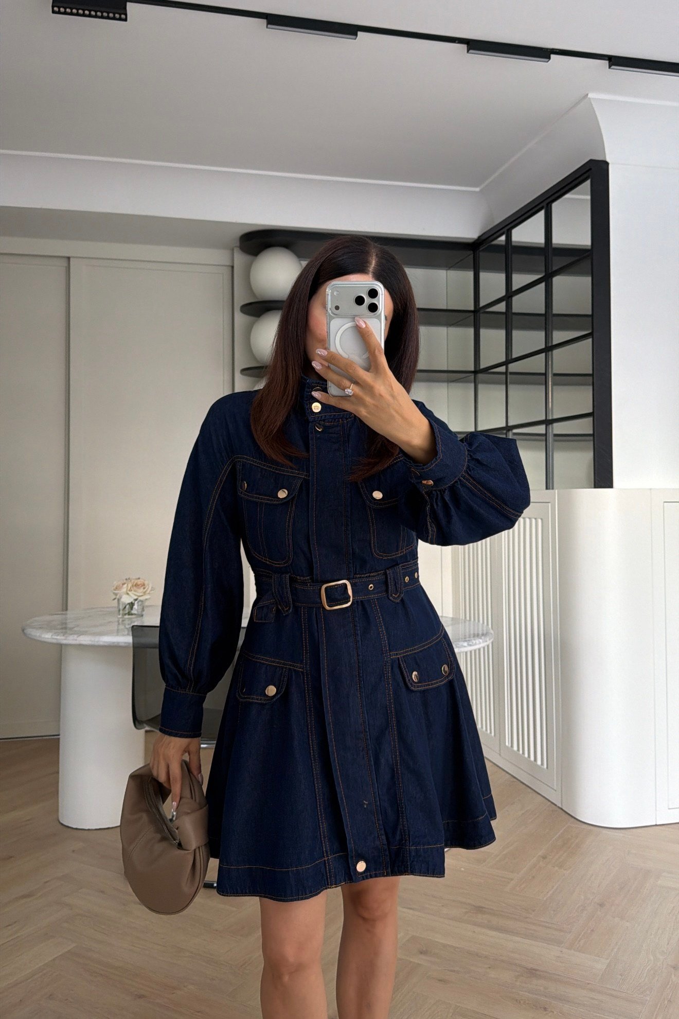 Gold Detaylı Denim Elbise Lacivert