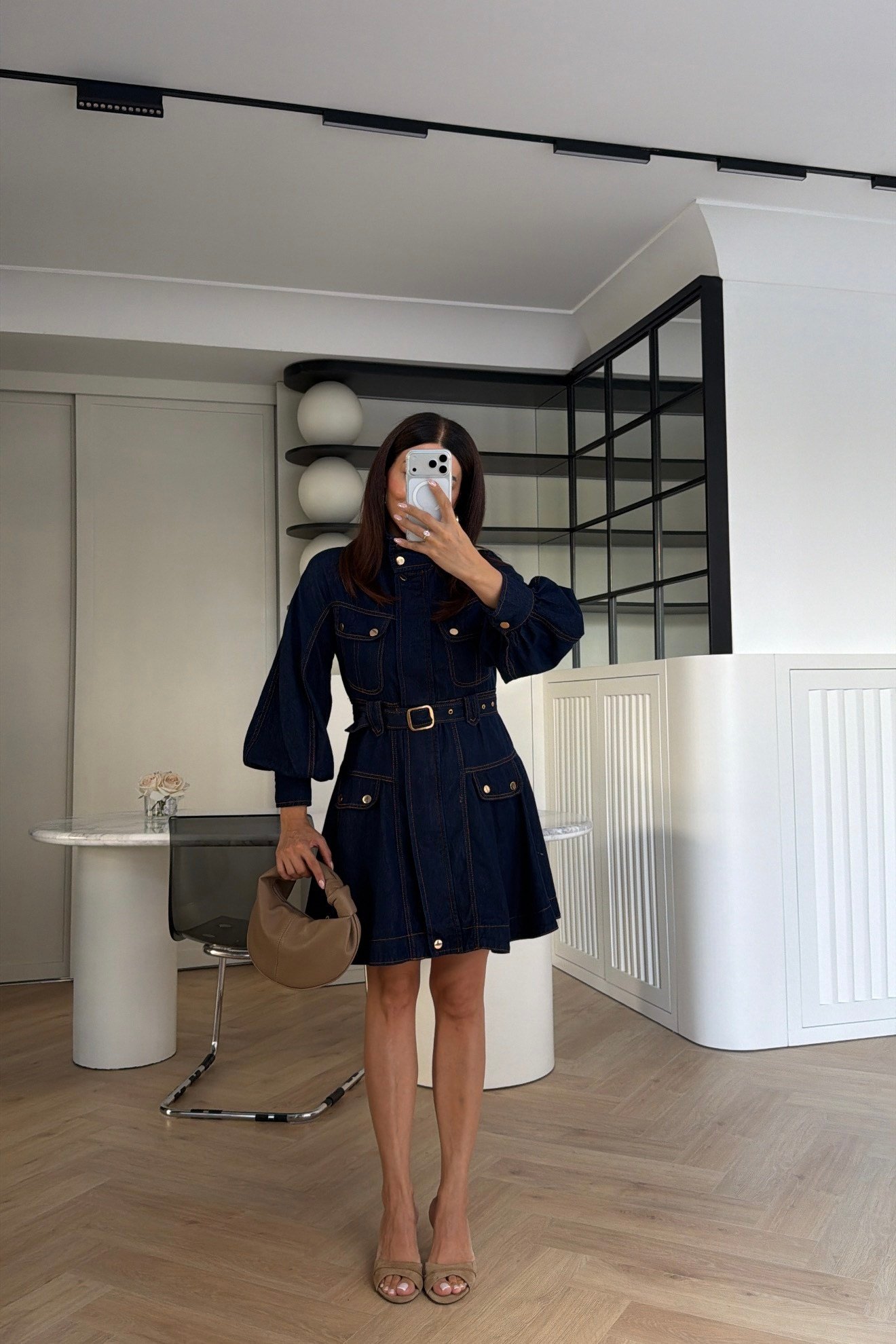 Gold Detaylı Denim Elbise Lacivert