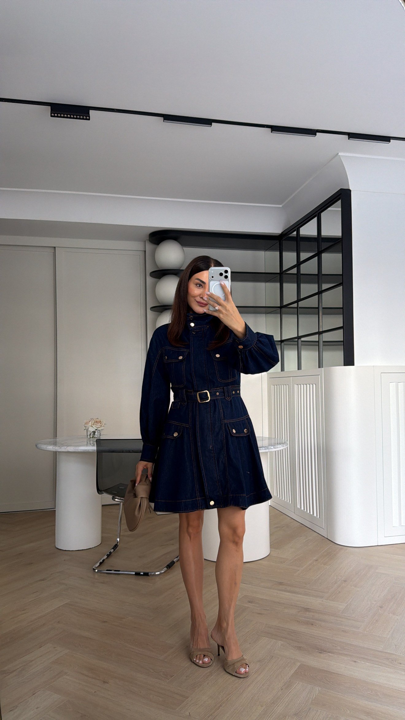 Gold Detaylı Denim Elbise Lacivert