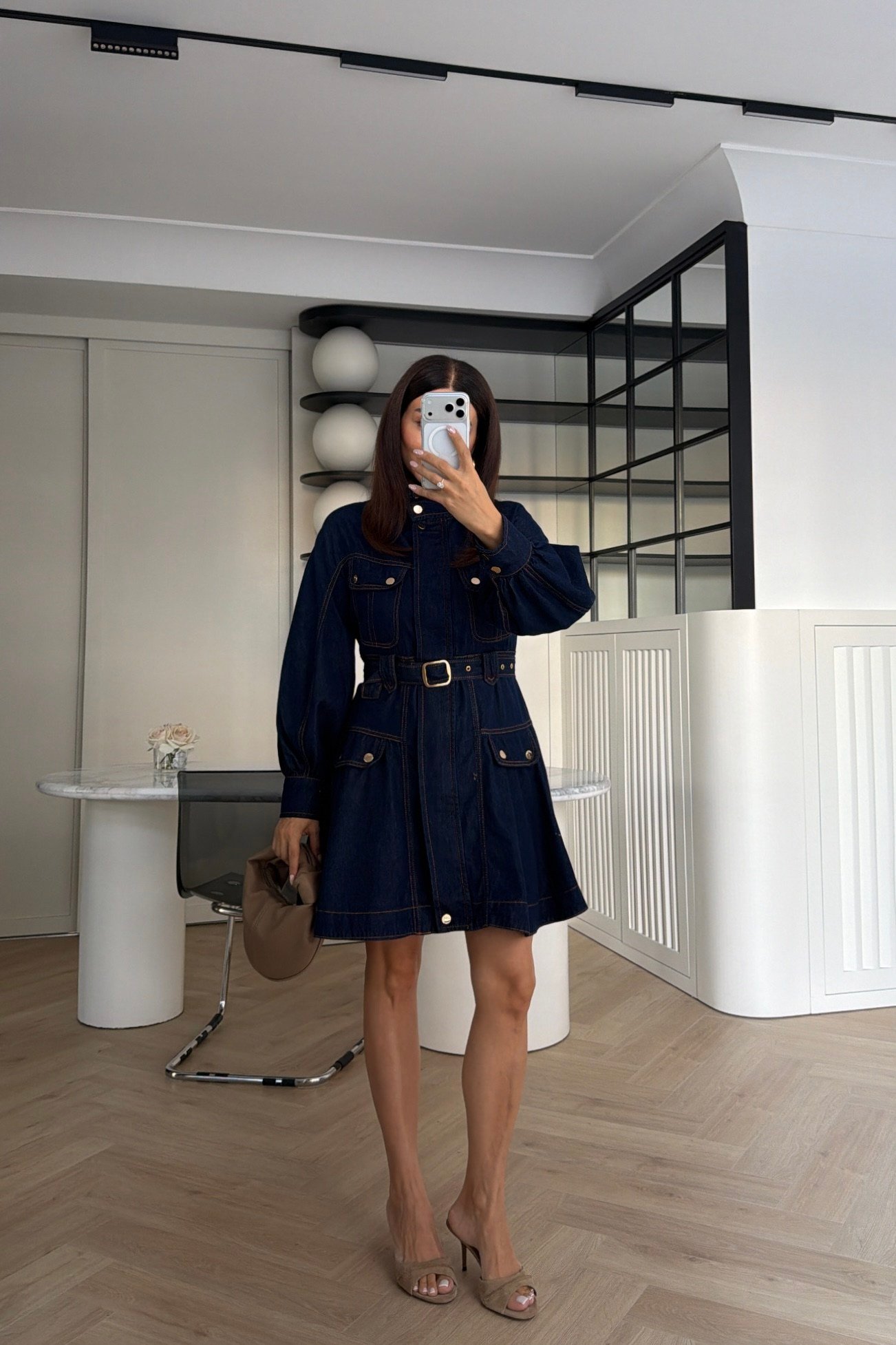 Gold Detaylı Denim Elbise Lacivert