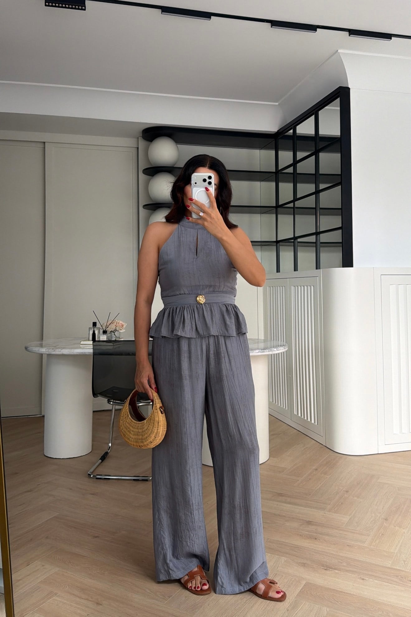 GOLD DÜĞME DETAYLI PEPLUM TAKIM GRİ 