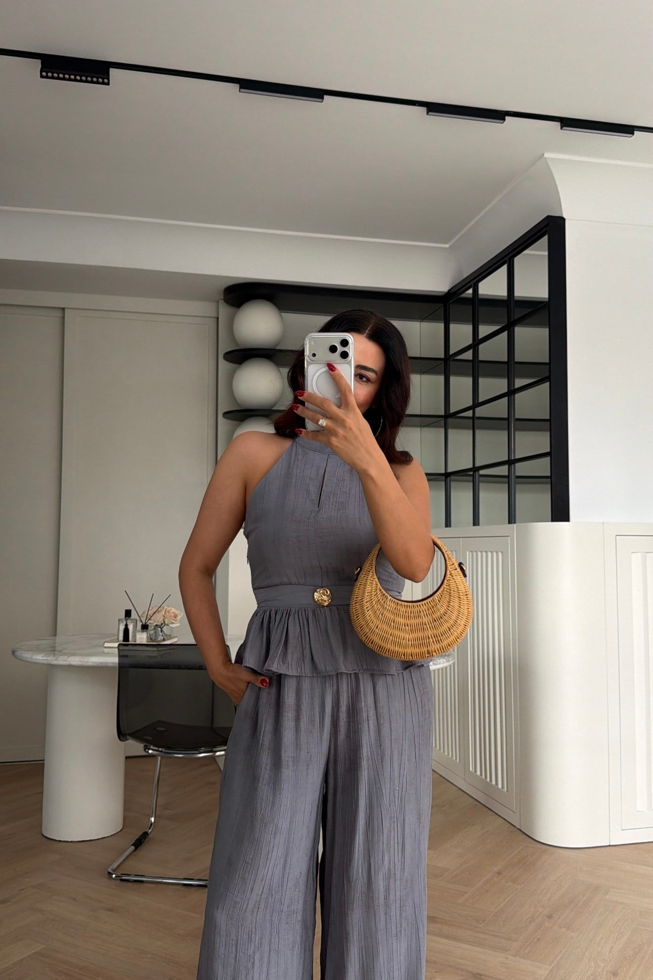 GOLD DÜĞME DETAYLI PEPLUM TAKIM GRİ 