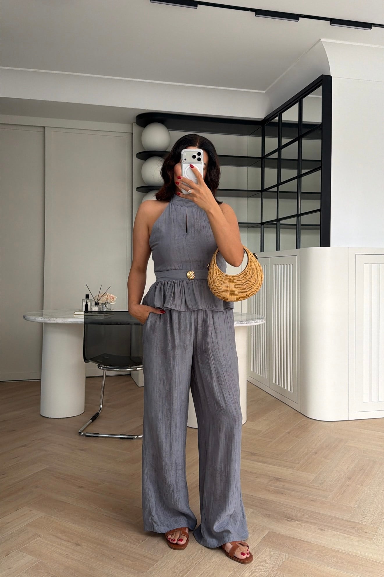 GOLD DÜĞME DETAYLI PEPLUM TAKIM GRİ 