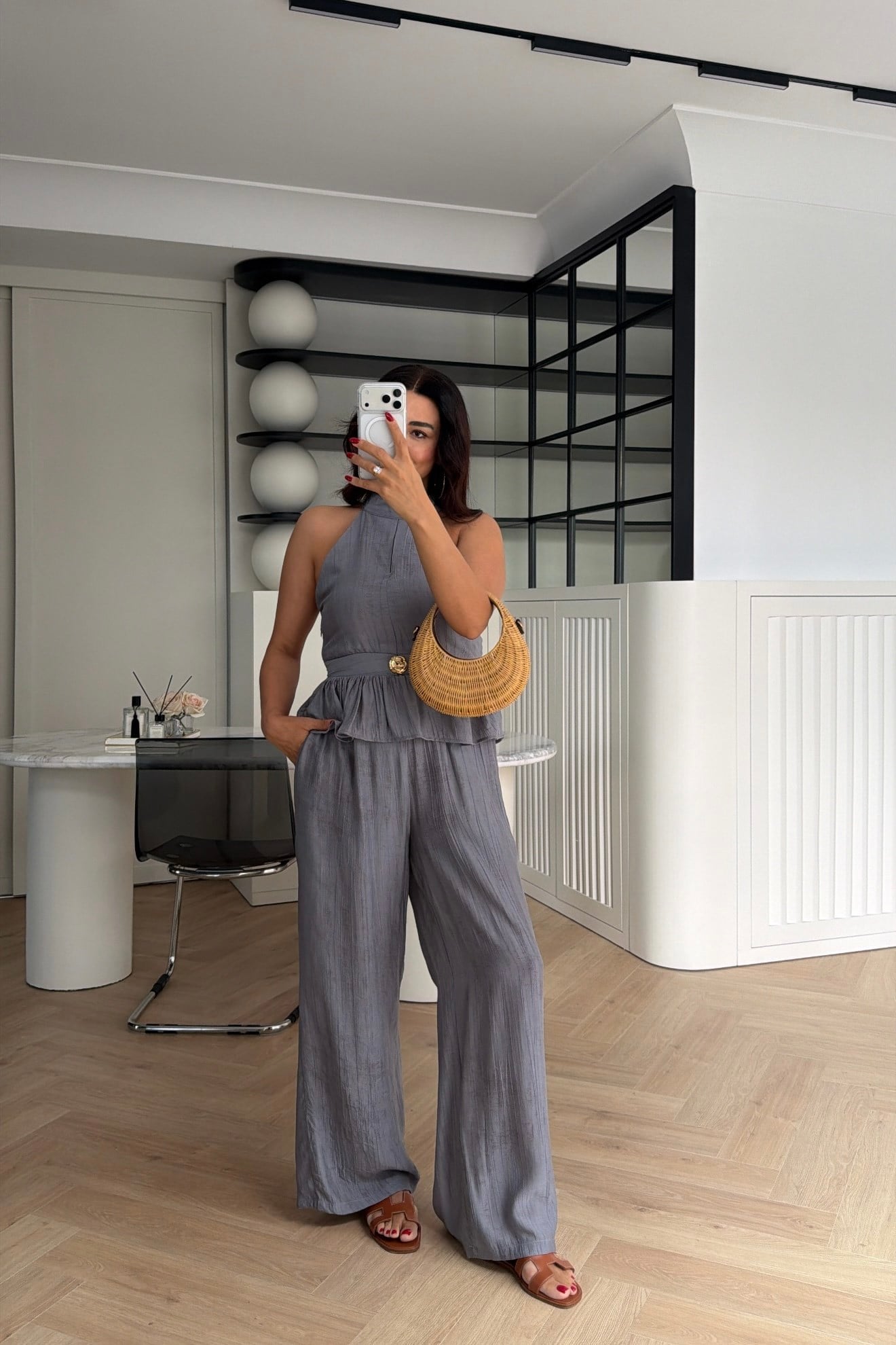 GOLD DÜĞME DETAYLI PEPLUM TAKIM GRİ 