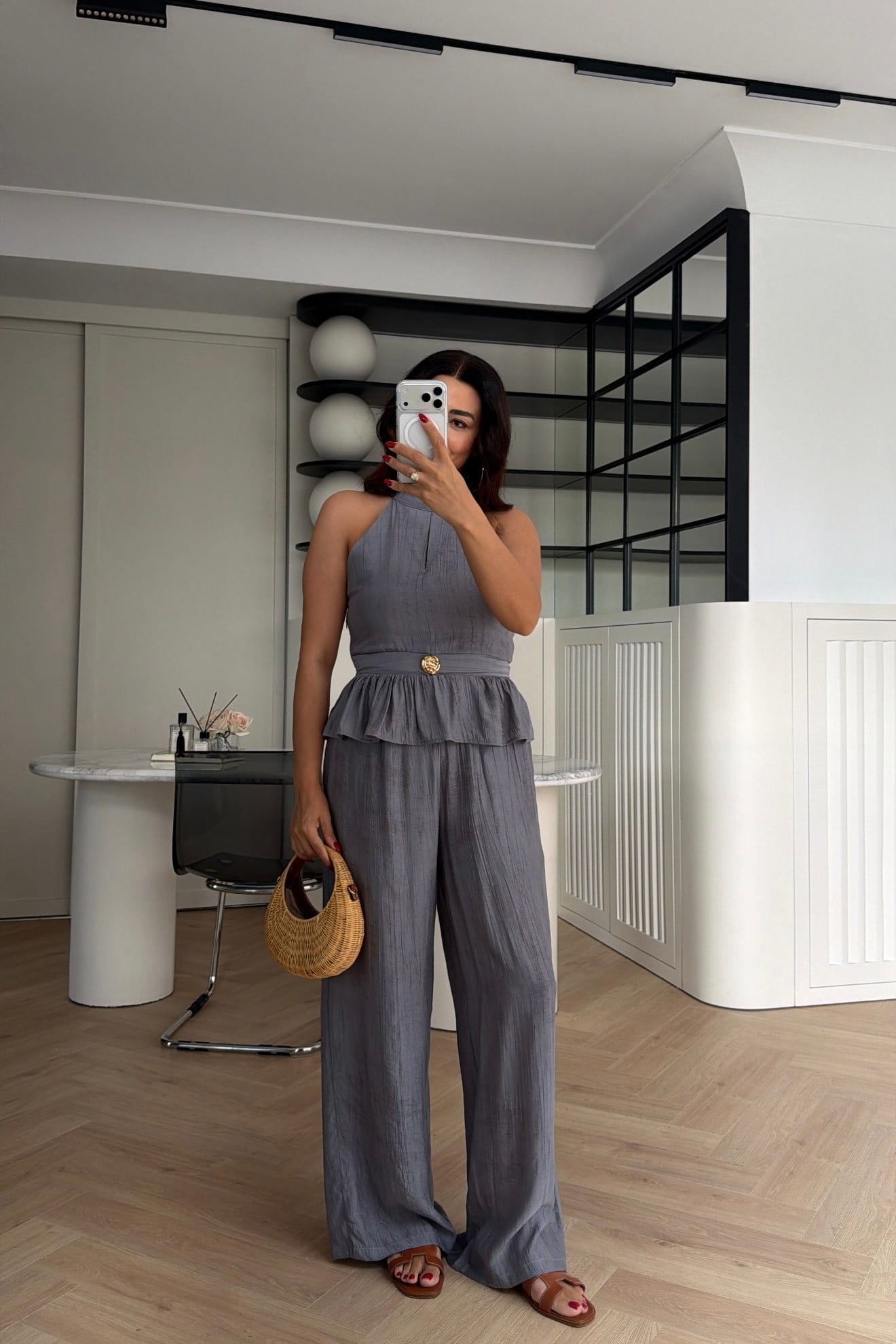 GOLD DÜĞME DETAYLI PEPLUM TAKIM GRİ 