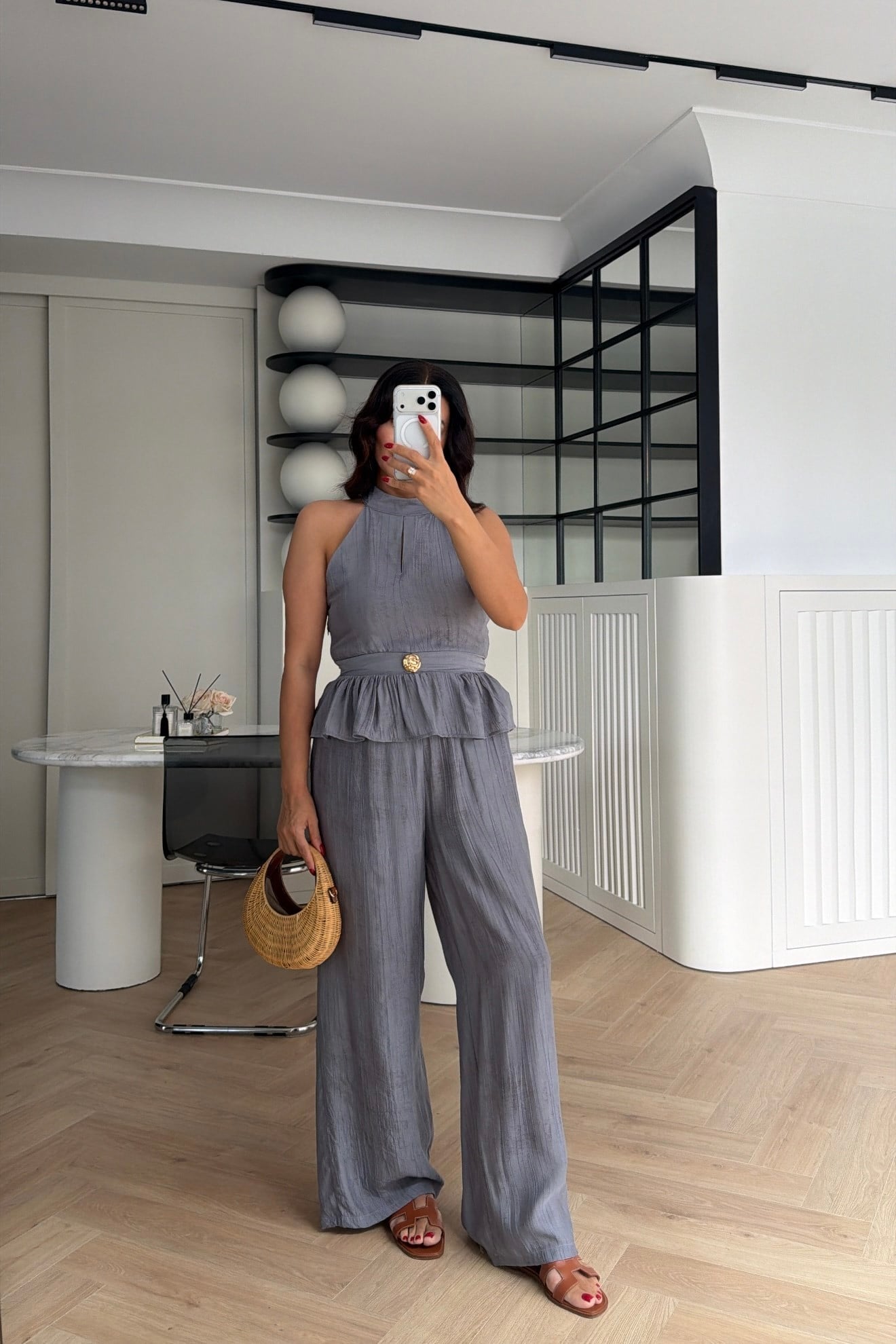 GOLD DÜĞME DETAYLI PEPLUM TAKIM GRİ 