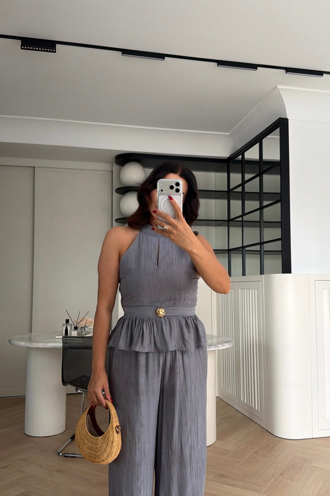 GOLD DÜĞME DETAYLI PEPLUM TAKIM GRİ 