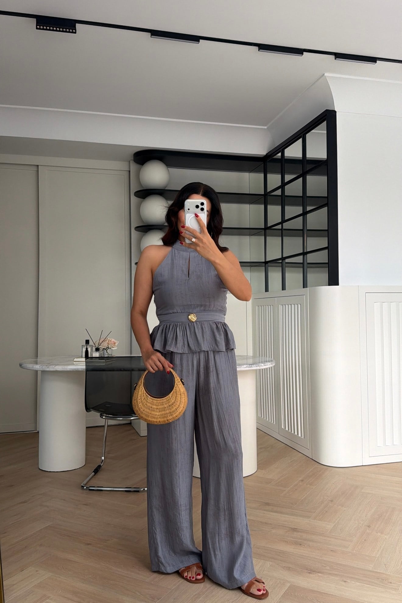 GOLD DÜĞME DETAYLI PEPLUM TAKIM GRİ 
