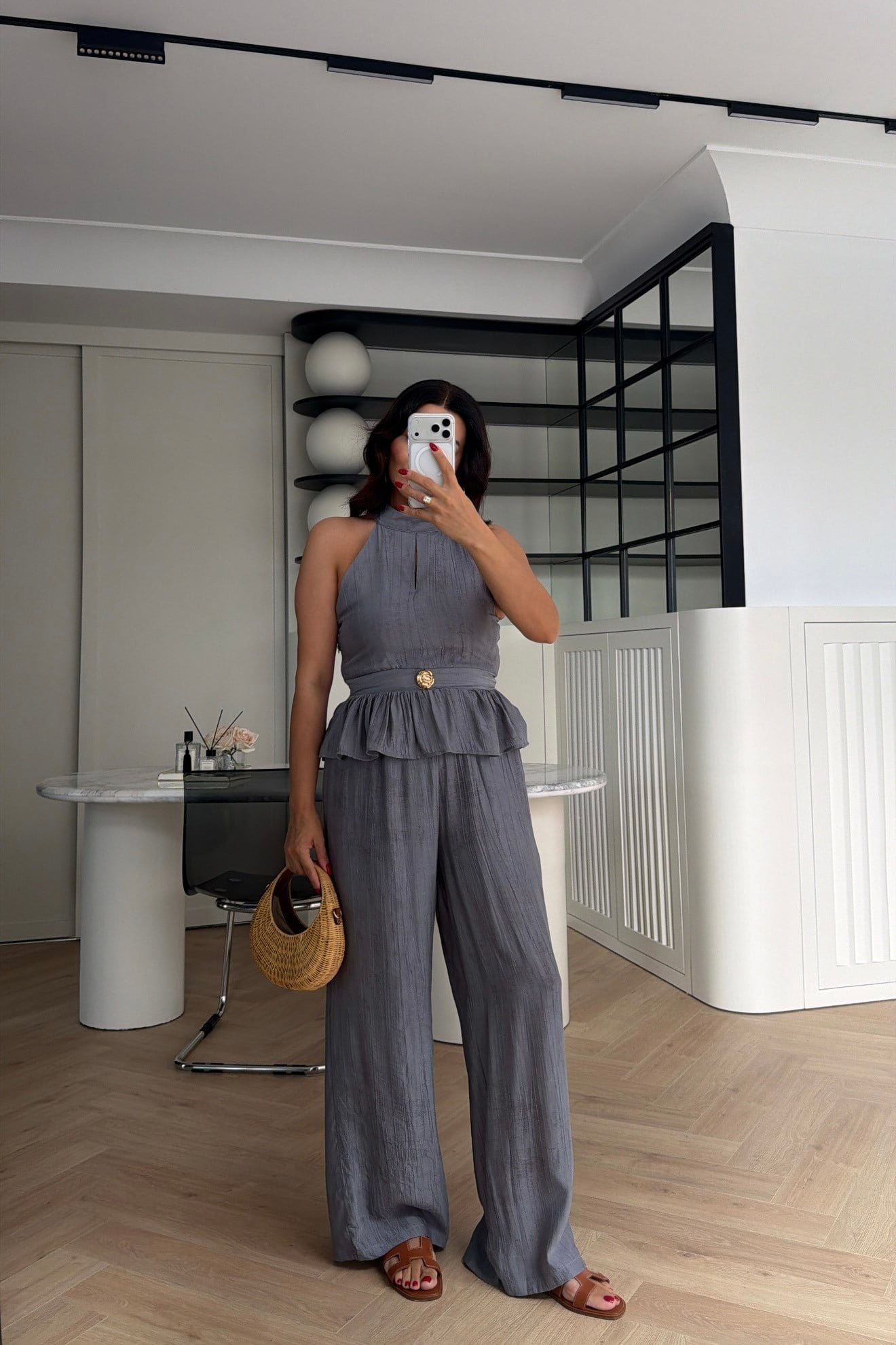 GOLD DÜĞME DETAYLI PEPLUM TAKIM GRİ 