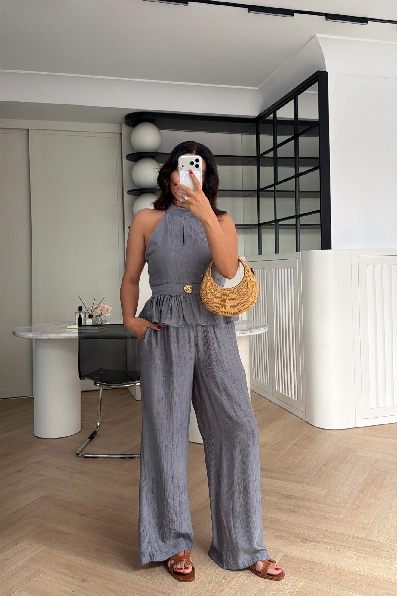 GOLD DÜĞME DETAYLI PEPLUM TAKIM GRİ 