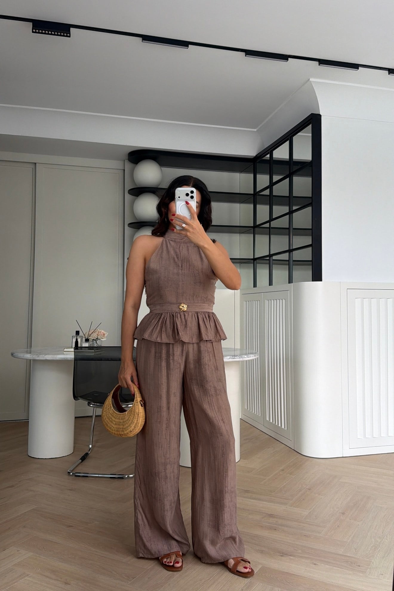GOLD DÜĞME DETAYLI PEPLUM TAKIM KOYU VİZON 
