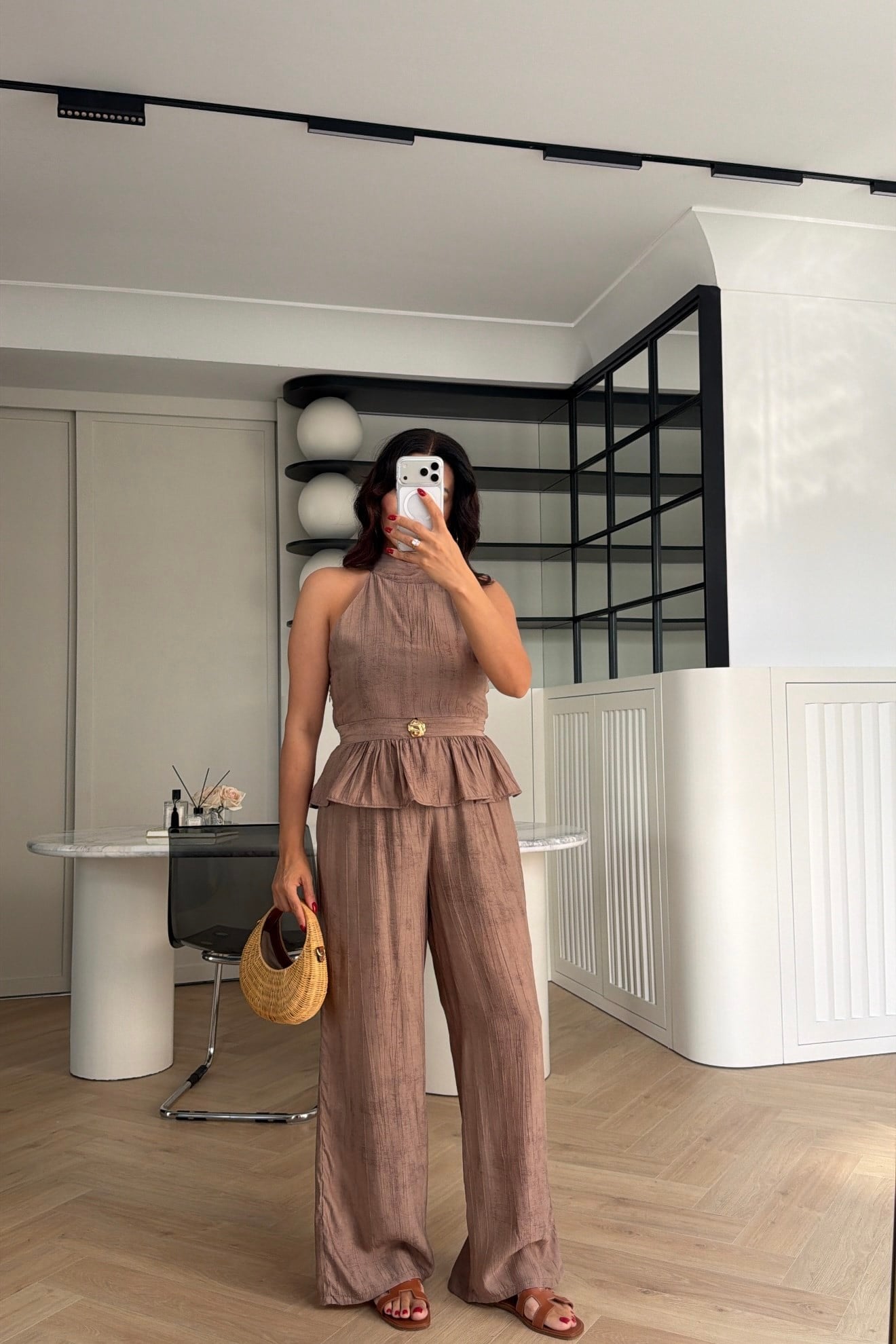 GOLD DÜĞME DETAYLI PEPLUM TAKIM KOYU VİZON 