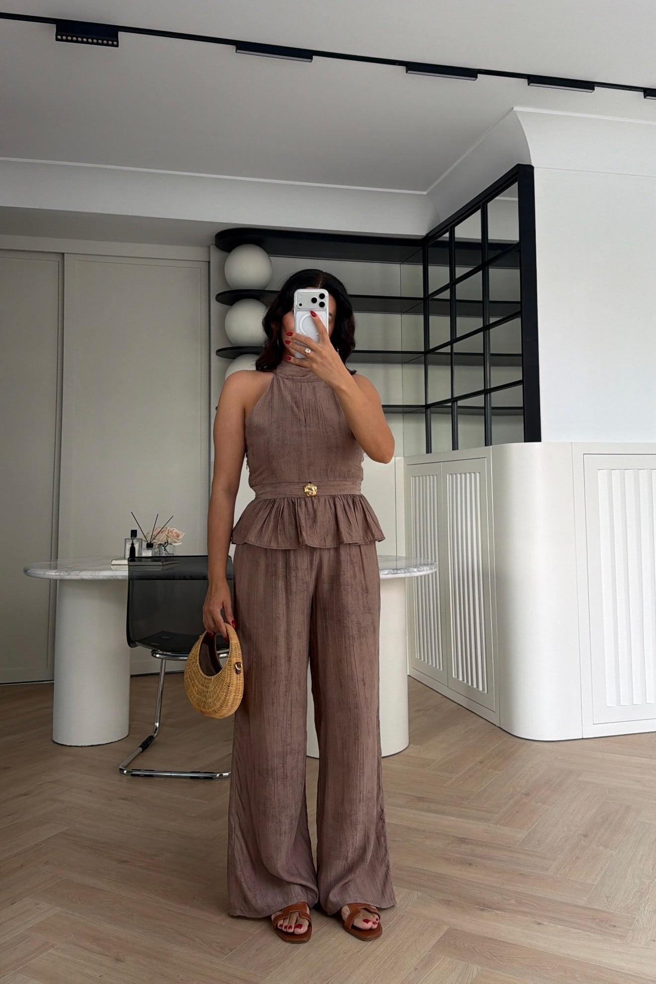 GOLD DÜĞME DETAYLI PEPLUM TAKIM KOYU VİZON 