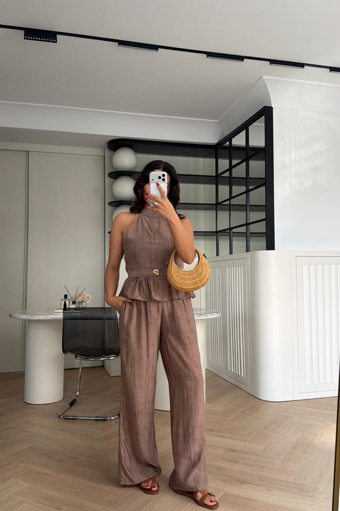 GOLD DÜĞME DETAYLI PEPLUM TAKIM KOYU VİZON 