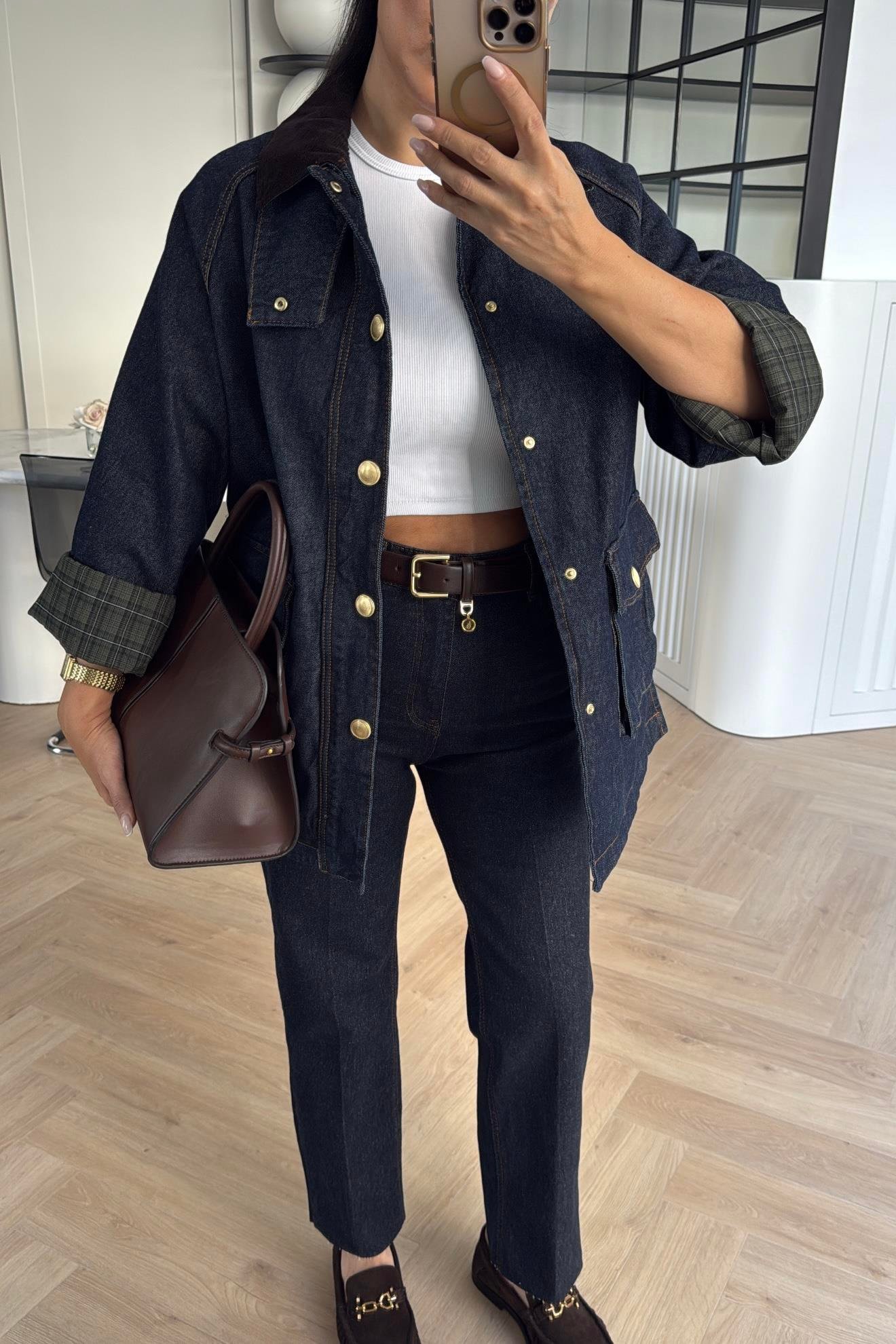 GOLD DÜĞMELİ ASTARI EKOSELİ DENİM CEKET