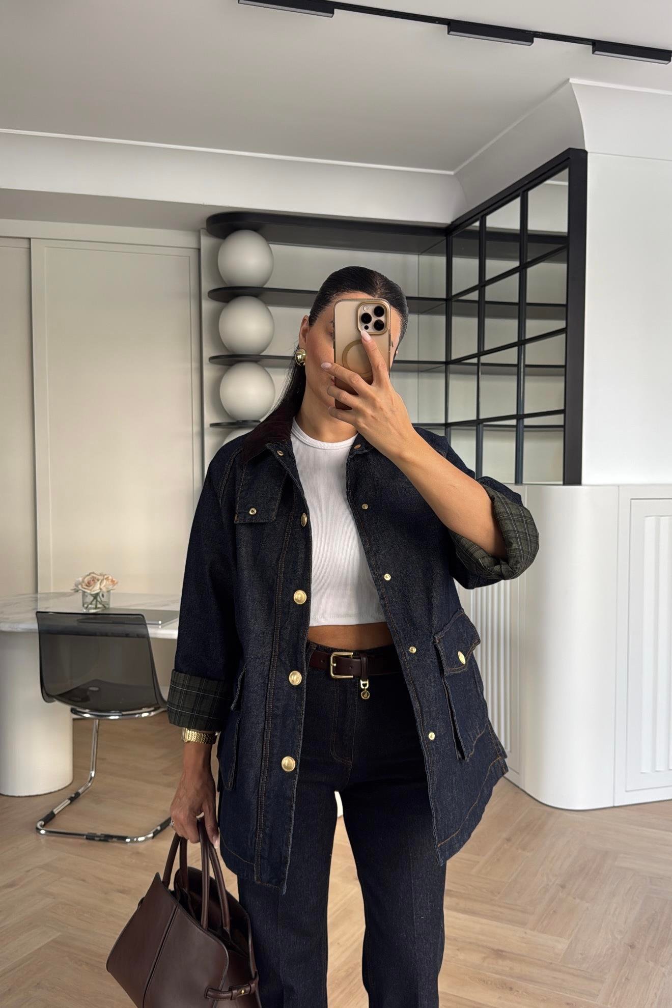 GOLD DÜĞMELİ ASTARI EKOSELİ DENİM CEKET