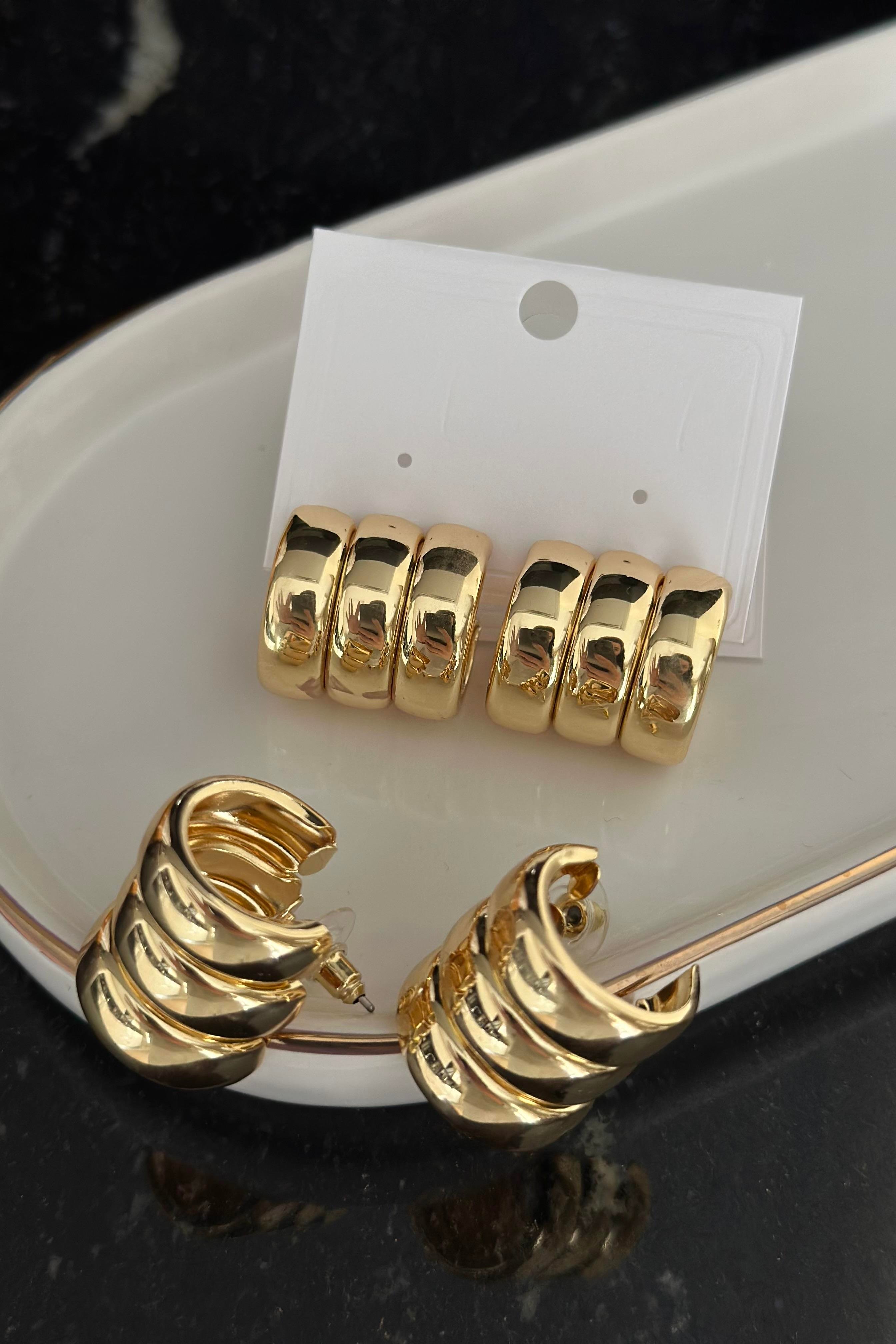 Gold Renk Yapışık Üçlü Halka Küpe