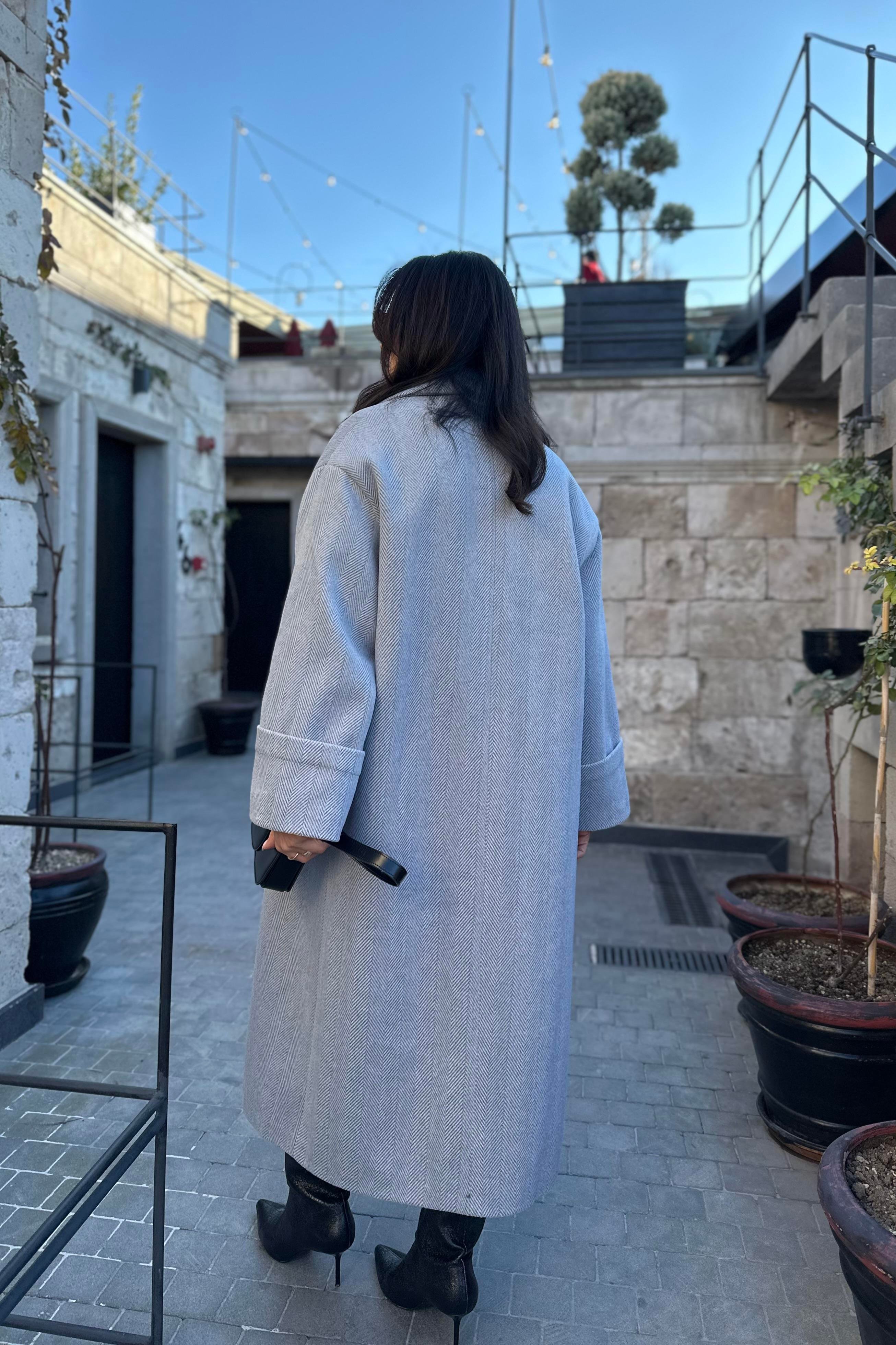 Gri Balıksırtı Desen Kruvaze Model Premium Kaşe Kaban 