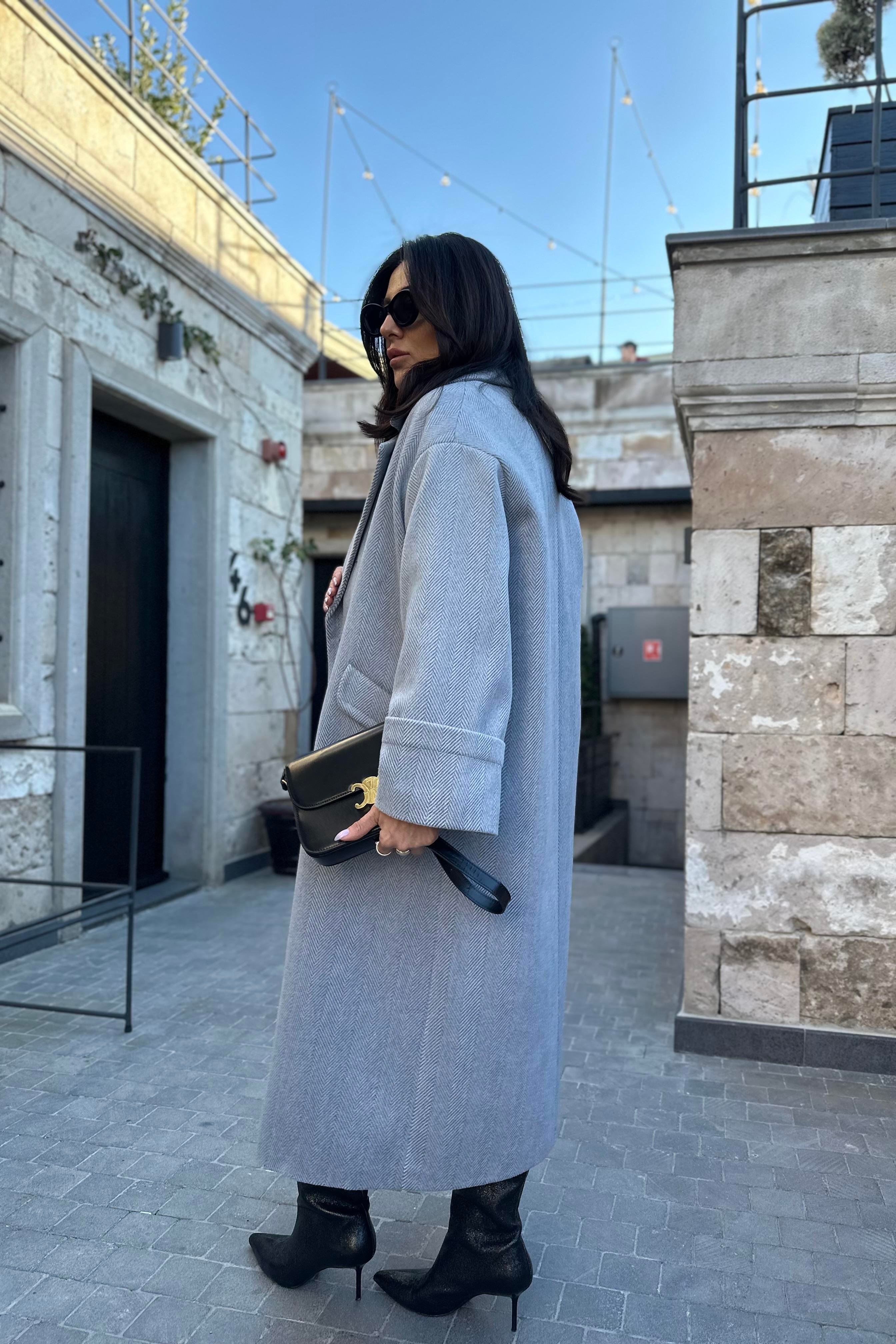 Gri Balıksırtı Desen Kruvaze Model Premium Kaşe Kaban 