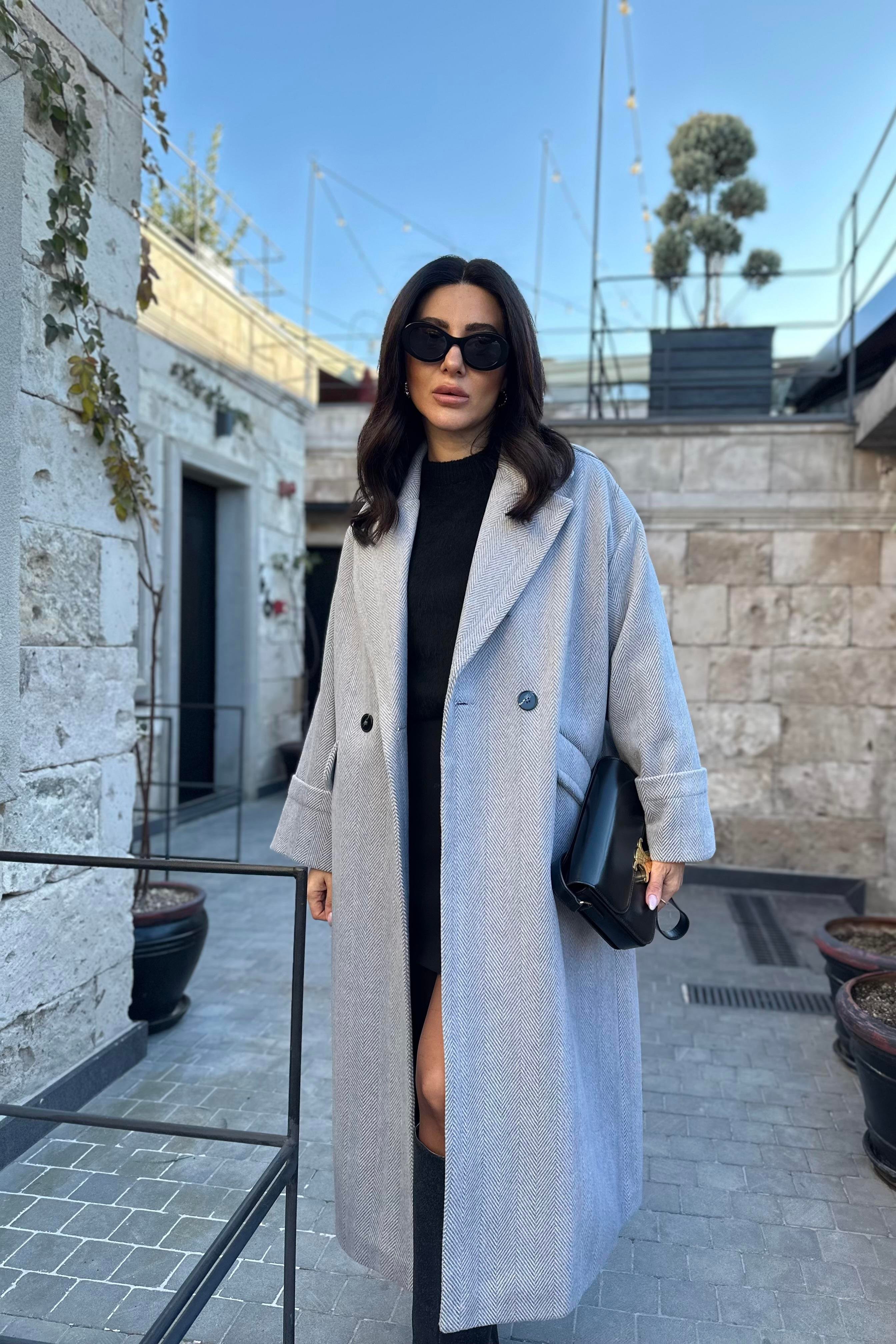 Gri Balıksırtı Desen Kruvaze Model Premium Kaşe Kaban 