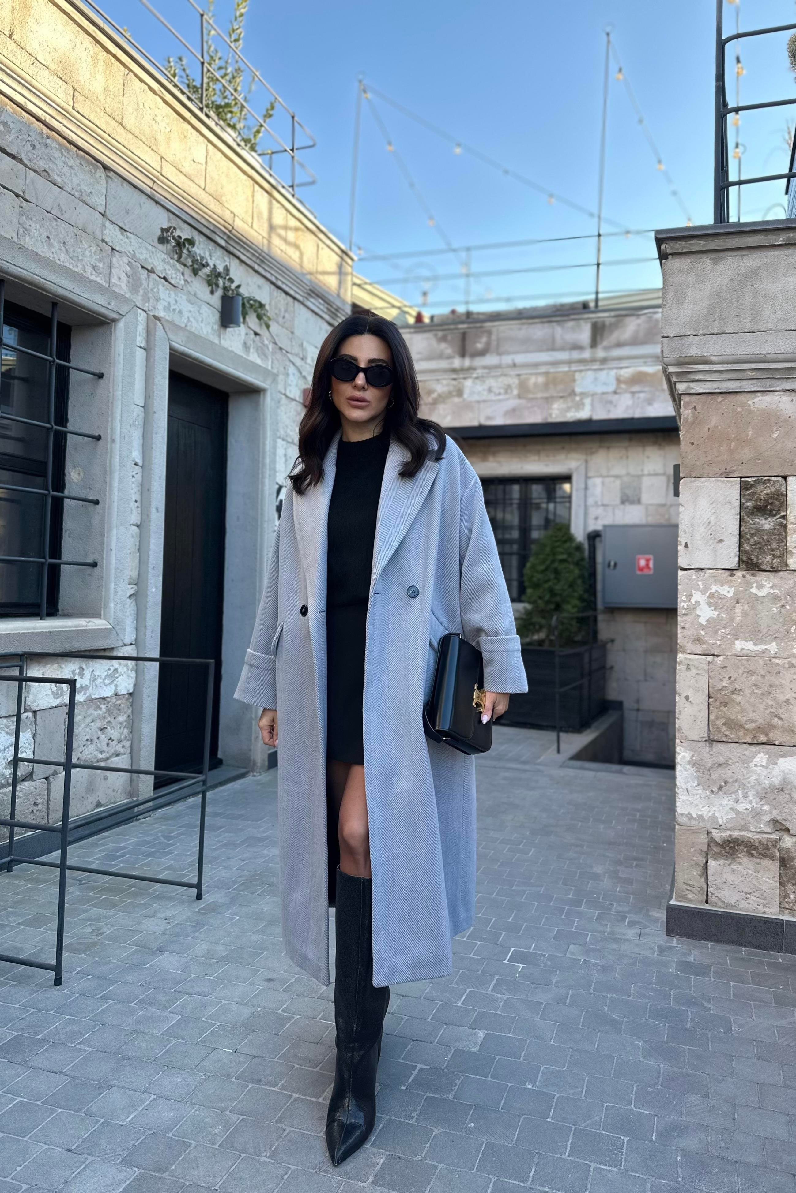 Gri Balıksırtı Desen Kruvaze Model Premium Kaşe Kaban 