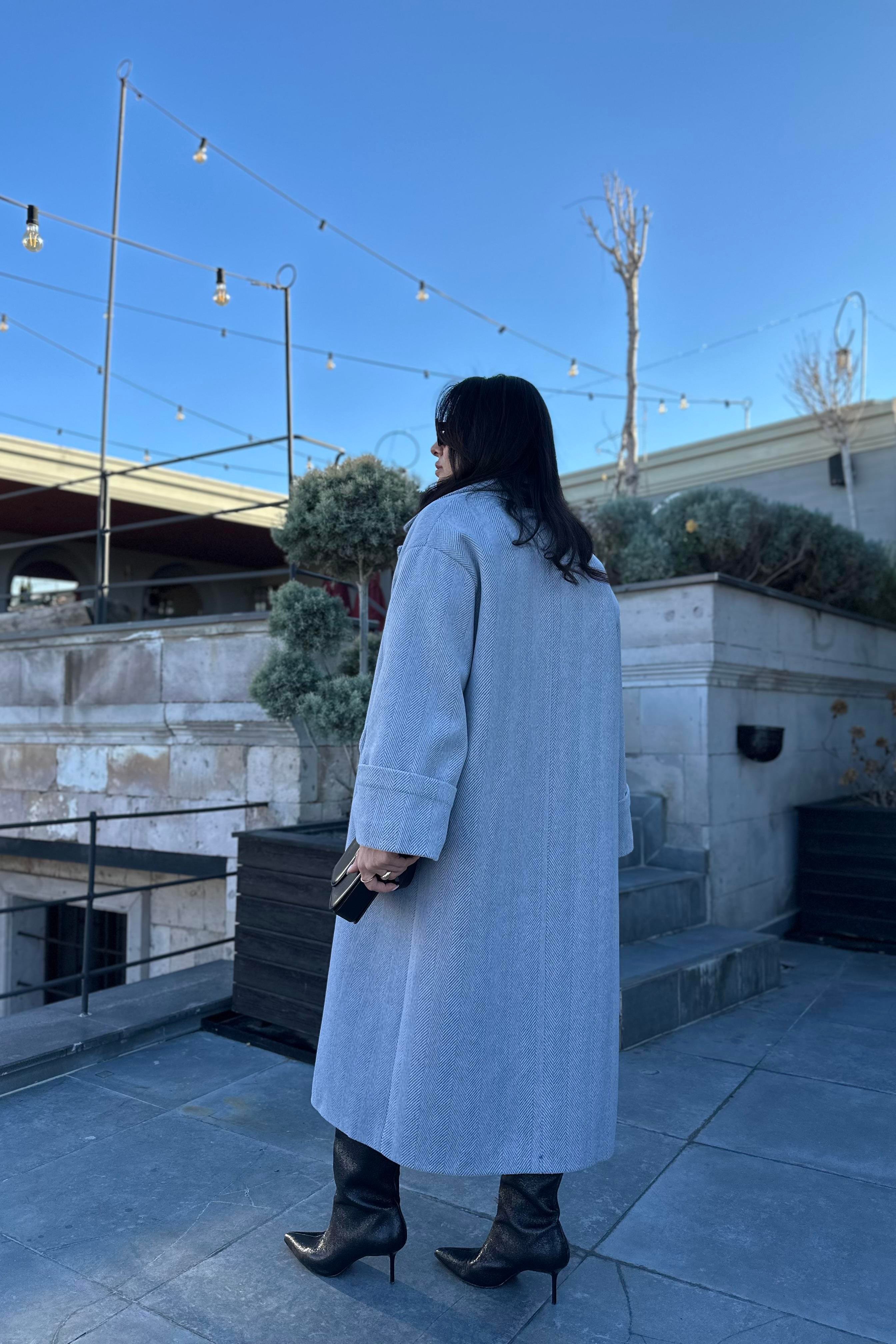 Gri Balıksırtı Desen Kruvaze Model Premium Kaşe Kaban 